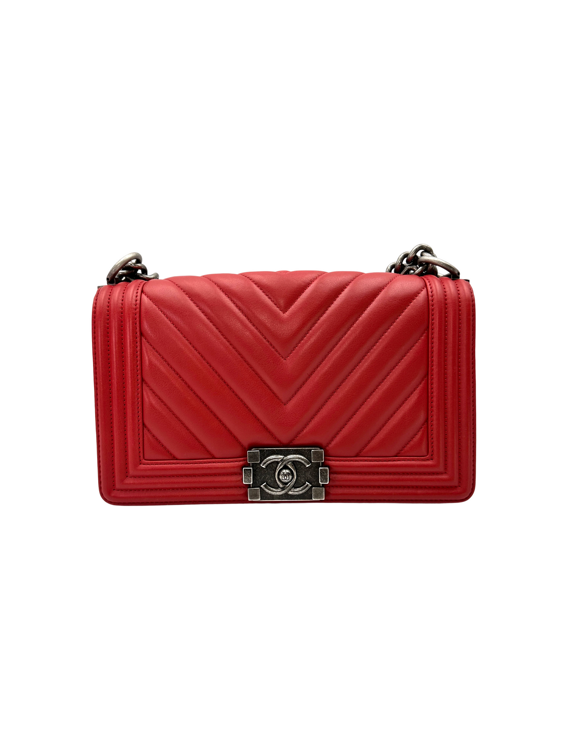 Chanel LeBoy Red Chevron Quilted Leather Medium Size Flap Bag With Silver Buckle(25***28) CC2399