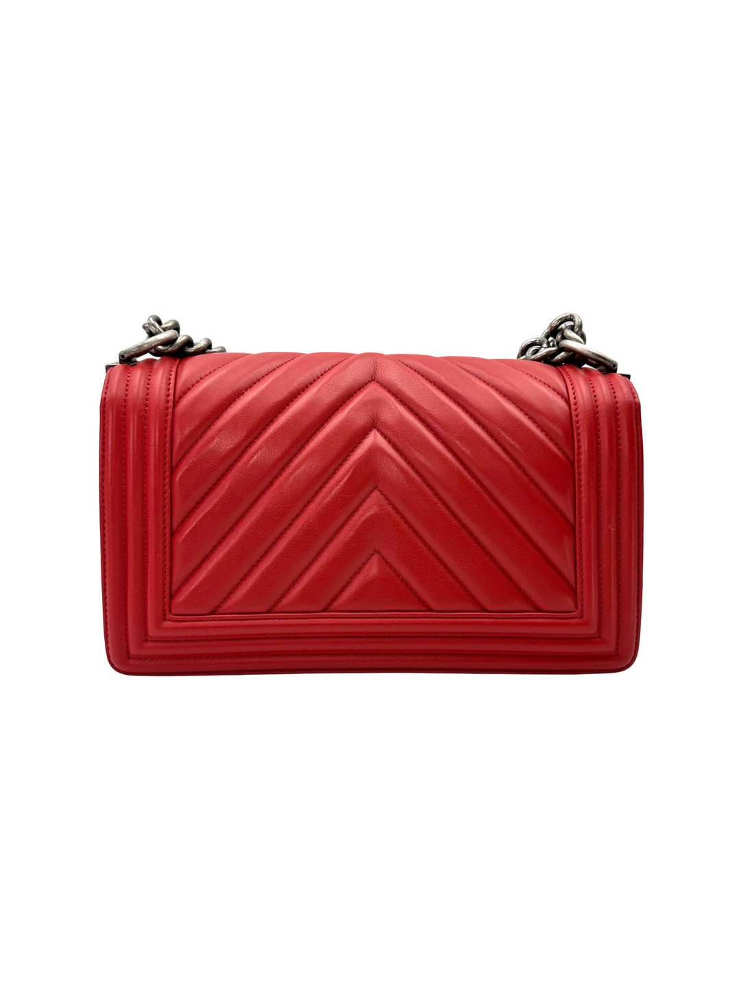 Chanel LeBoy Red Chevron Quilted Leather Medium Size Flap Bag With Silver Buckle(25***28) CC2399