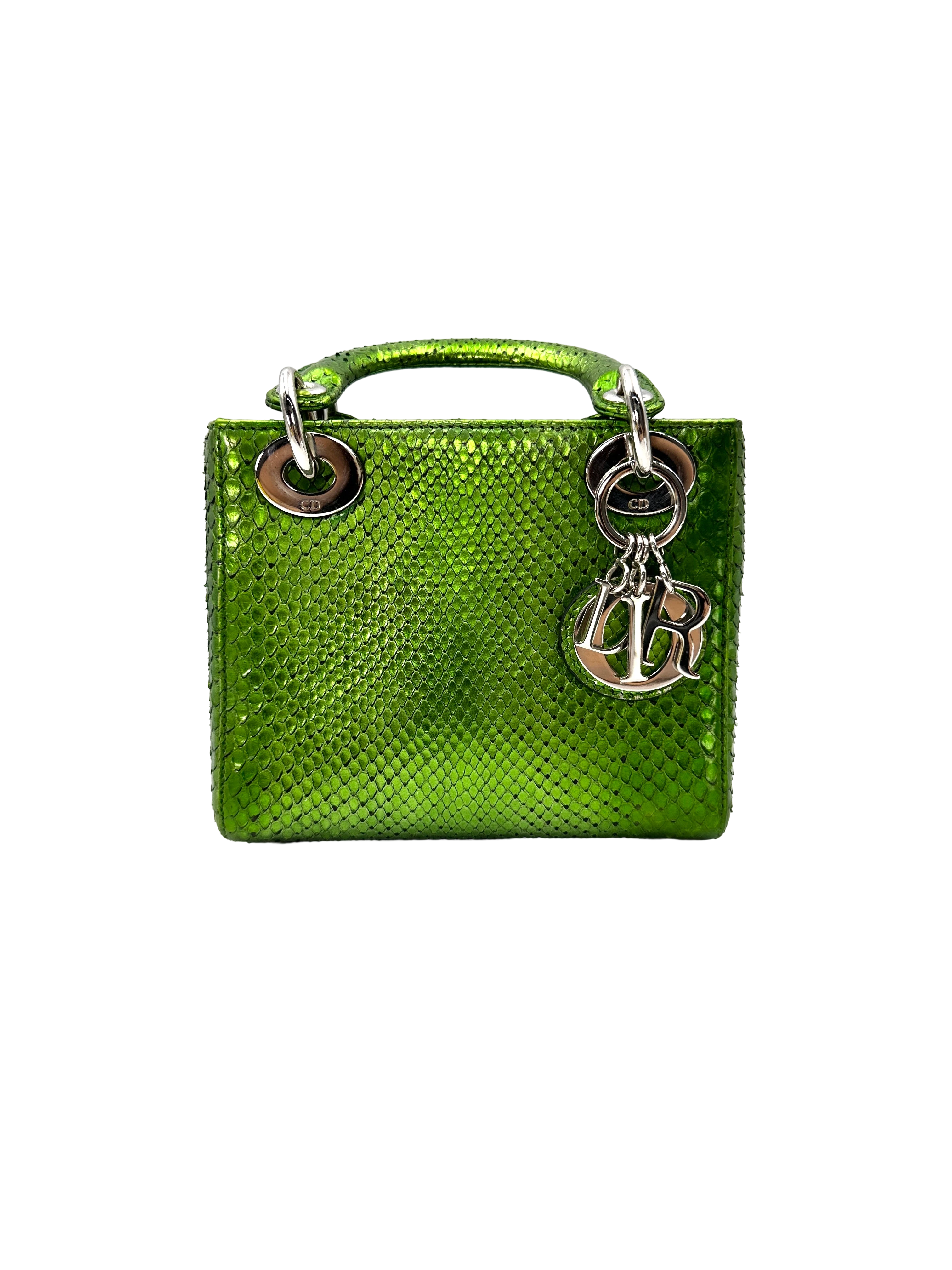 Christian Dior Lady Dior Metallic Green Python Leather Handle Bag DR859