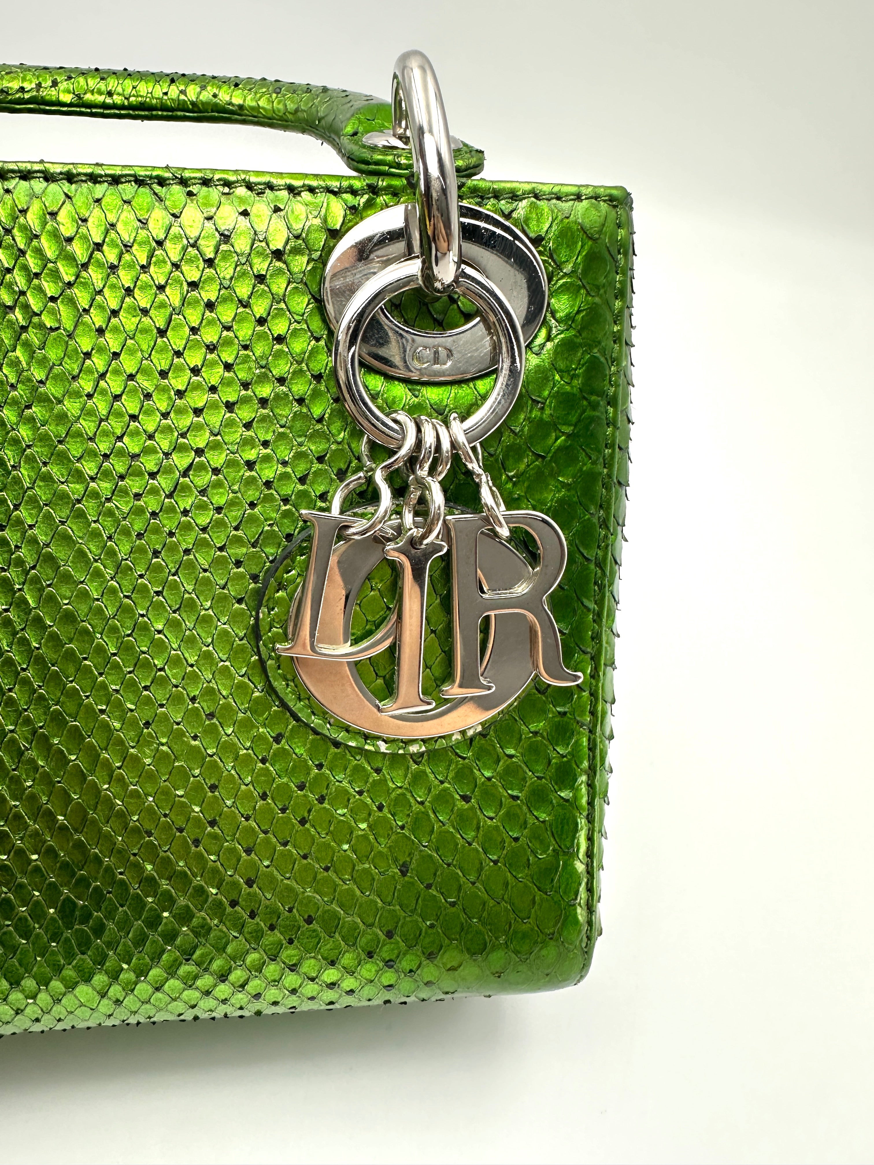Christian Dior Lady Dior Metallic Green Python Leather Handle Bag DR859
