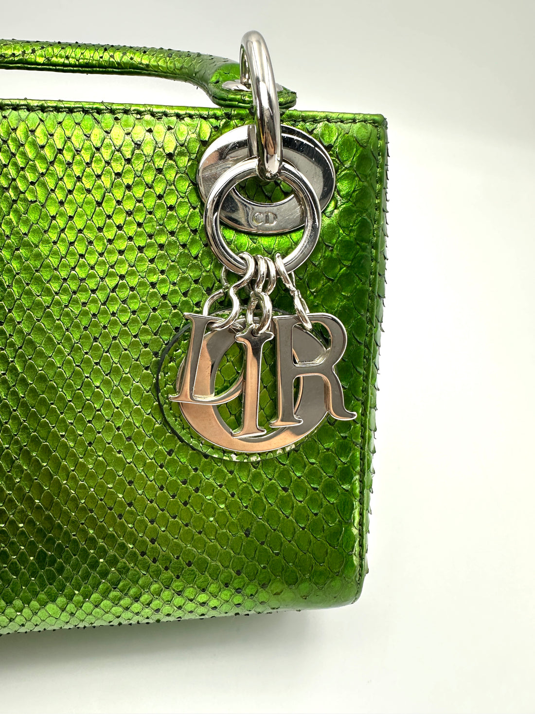 Christian Dior Lady Dior Metallic Green Python Leather Handle Bag DR859