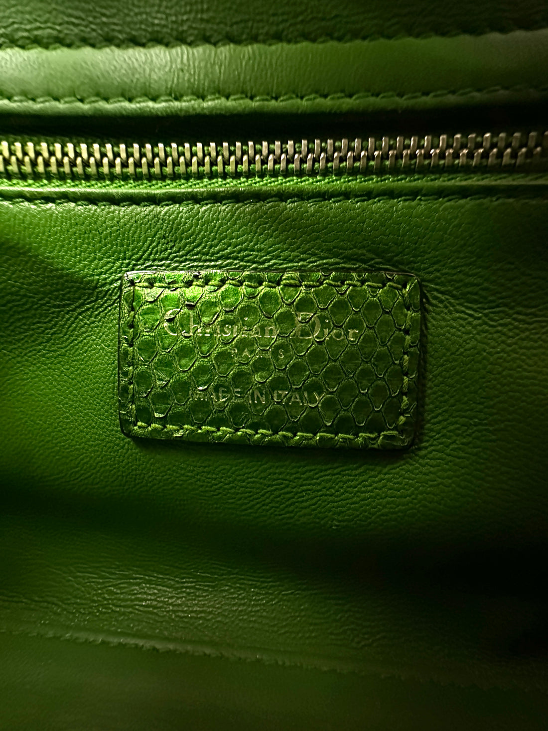Christian Dior Lady Dior Metallic Green Python Leather Handle Bag DR859