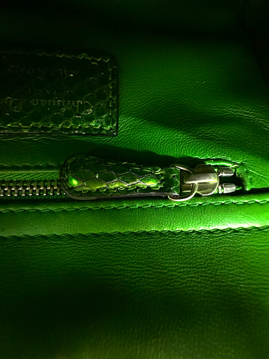 Christian Dior Lady Dior Metallic Green Python Leather Handle Bag DR859