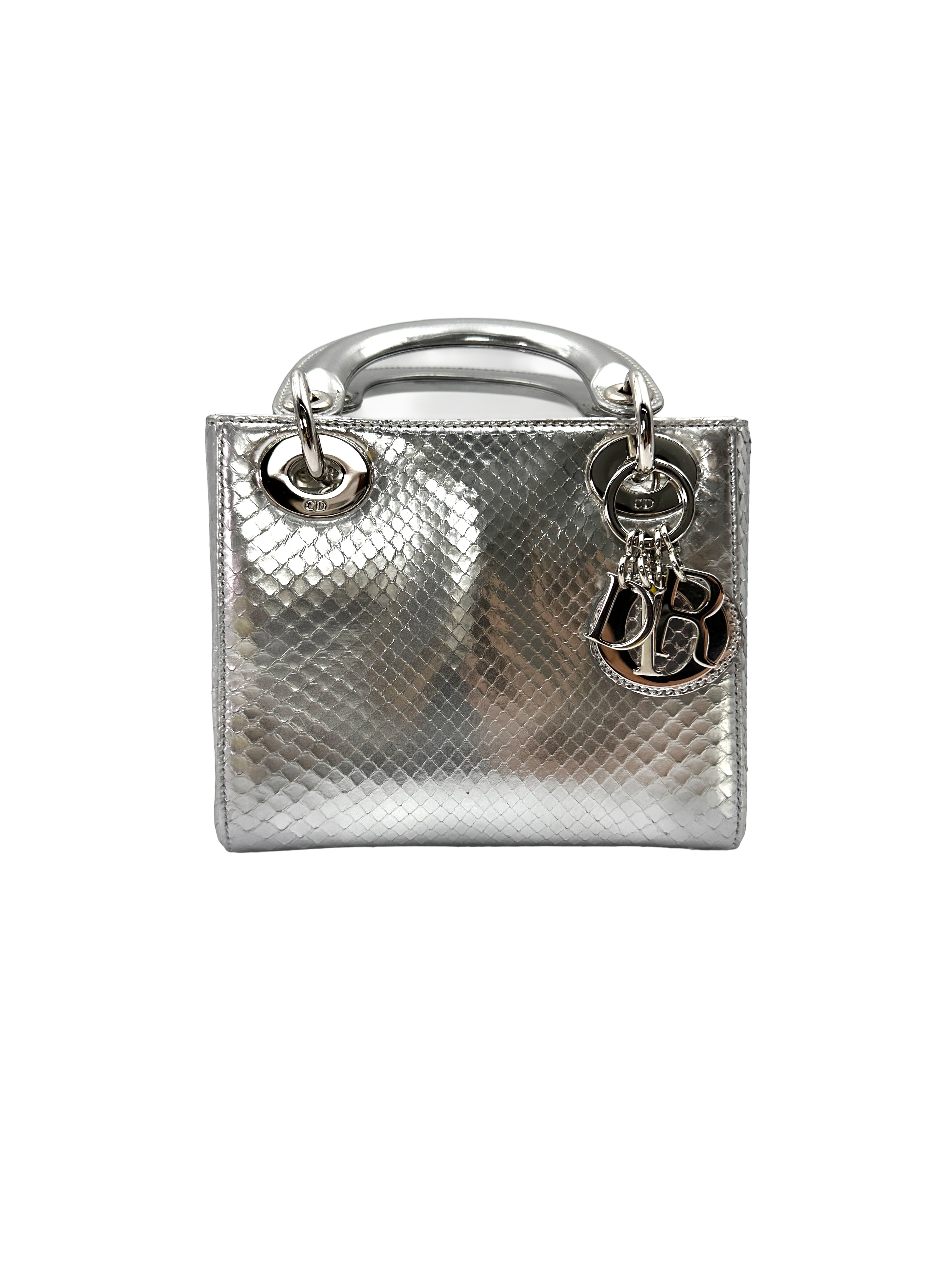 Christian Dior Lady Dior Metallic Silver Python Leather Handle Bag DR858
