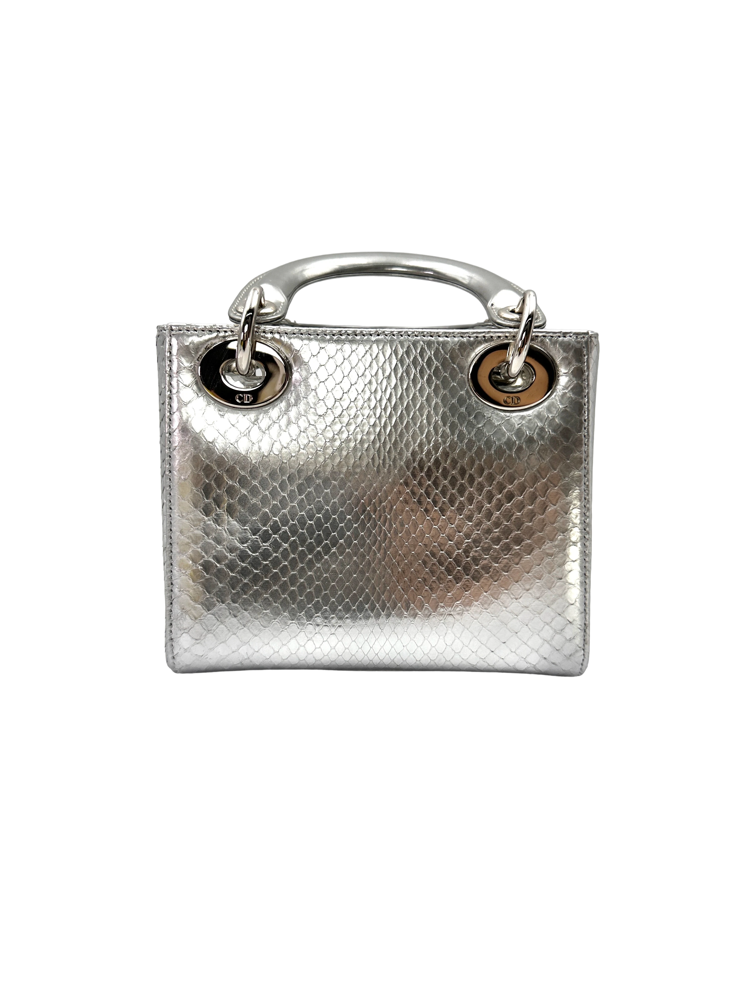 Christian Dior Lady Dior Metallic Silver Python Leather Handle Bag DR858
