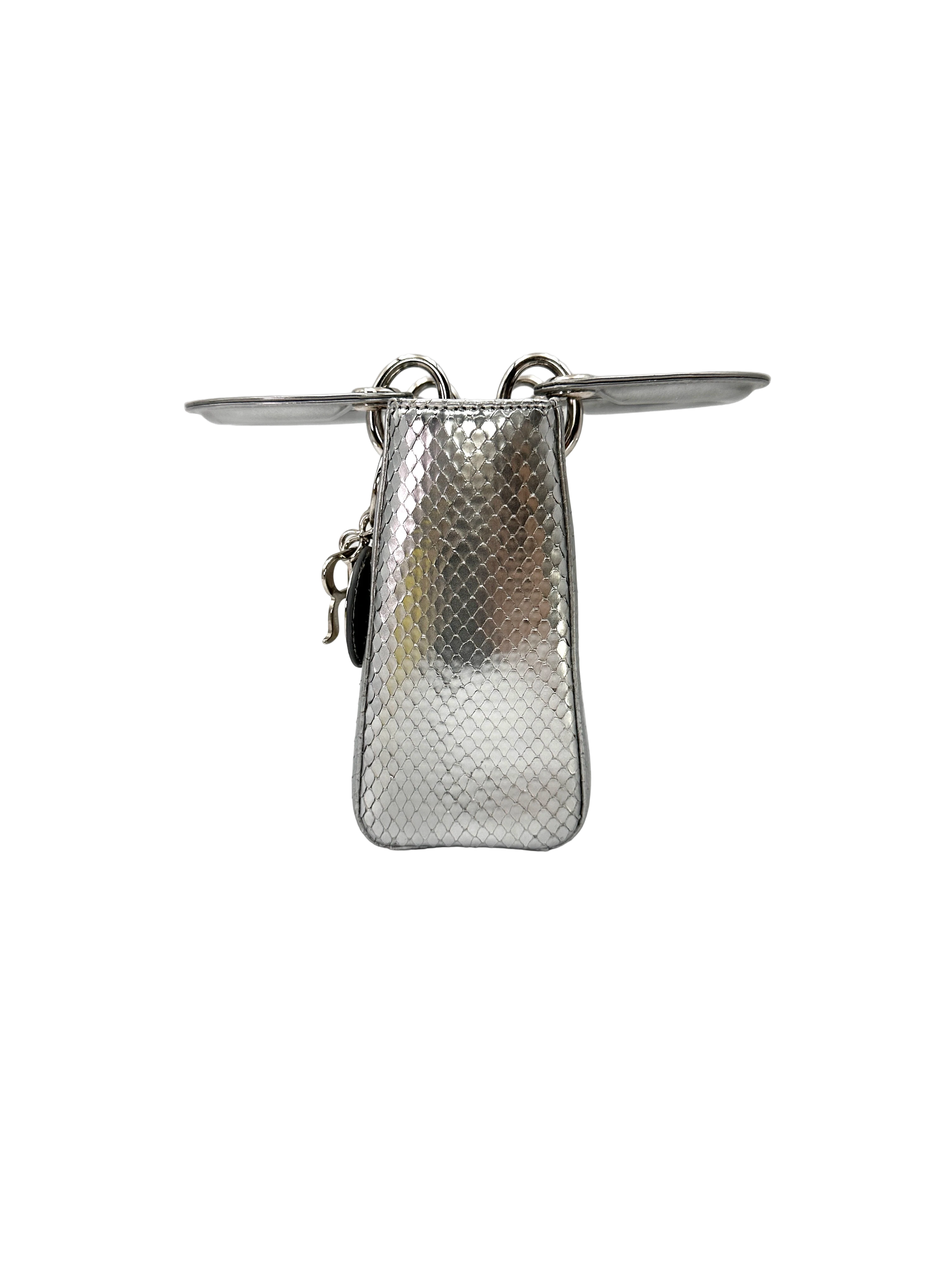 Christian Dior Lady Dior Metallic Silver Python Leather Handle Bag DR858