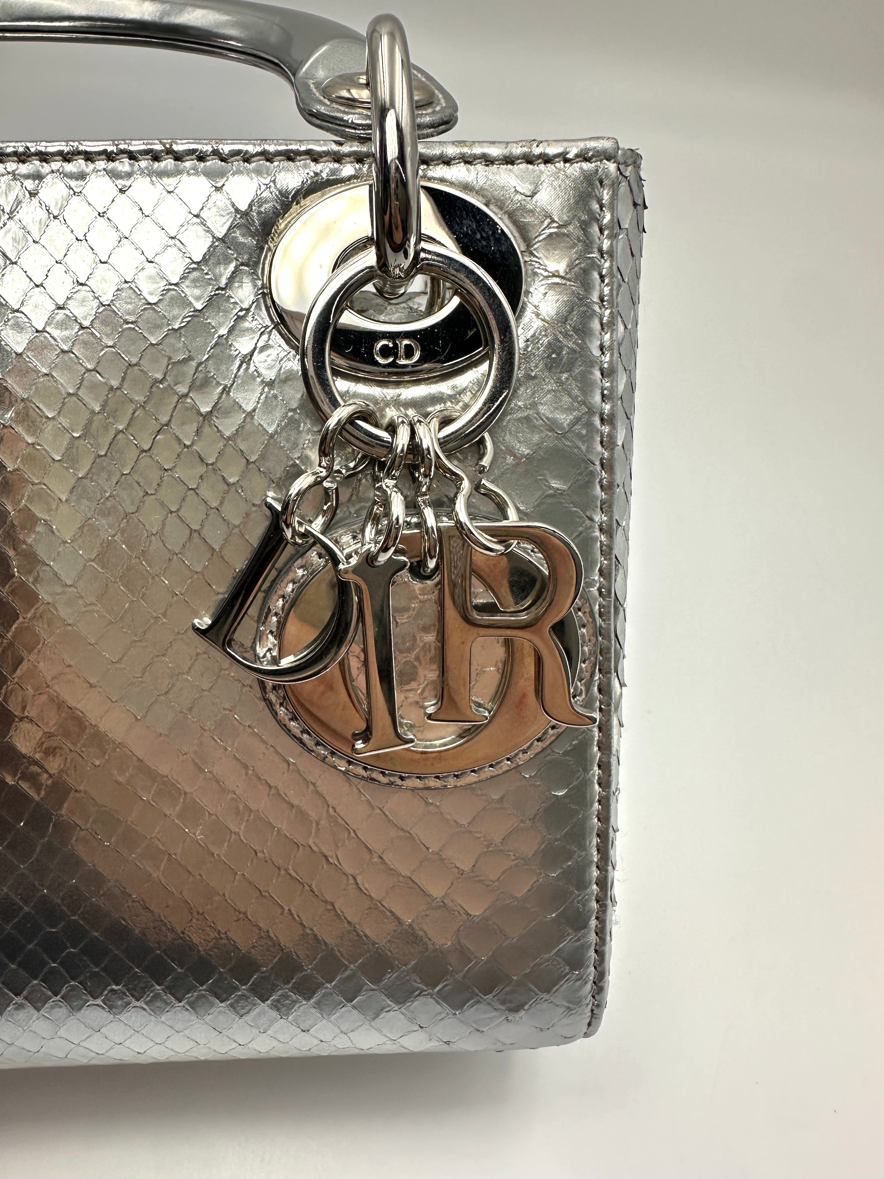 Christian Dior Lady Dior Metallic Silver Python Leather Handle Bag DR858