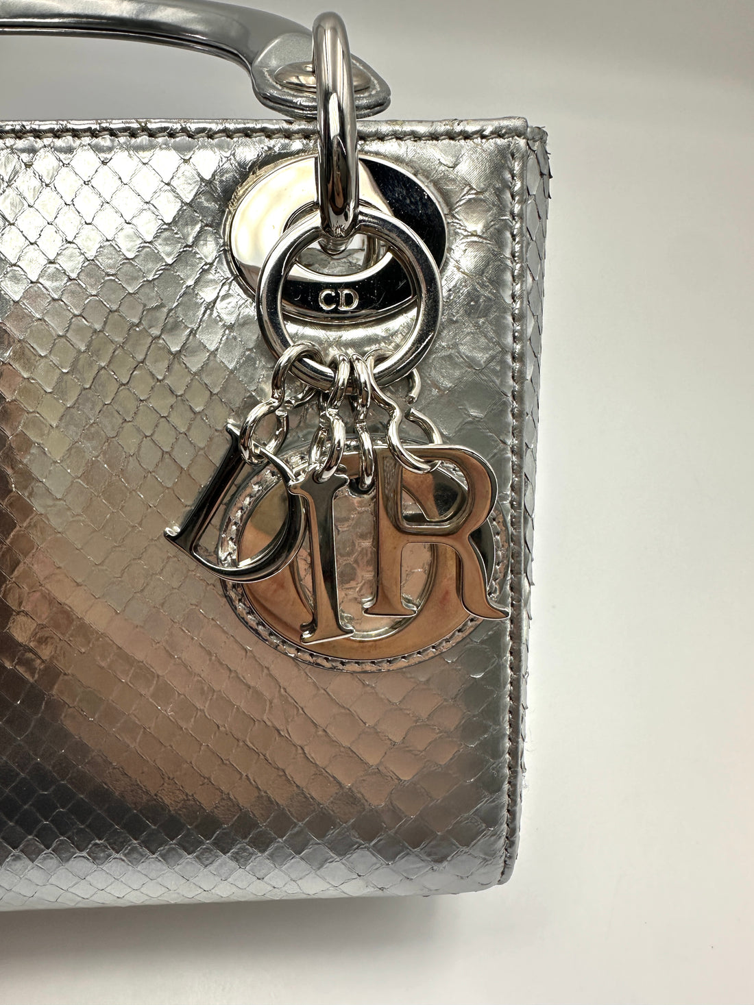 Christian Dior Lady Dior Metallic Silver Python Leather Handle Bag DR858