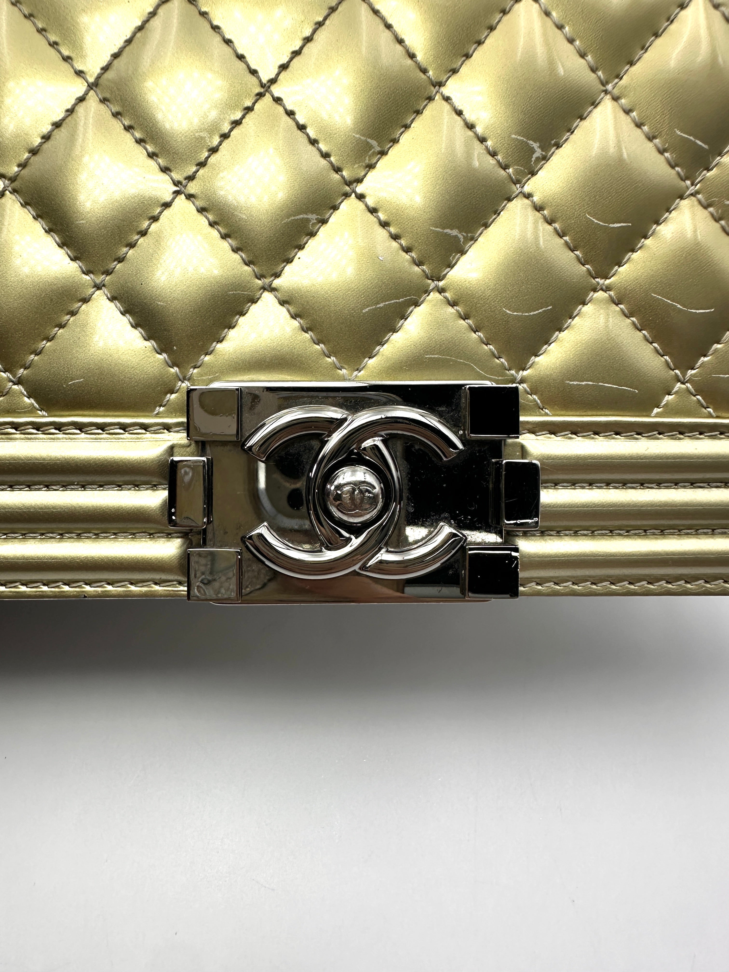 Chanel LeBoy Metallic Gold Quilted Patent Leather Small Size Flap Bag(19***79) CC2420