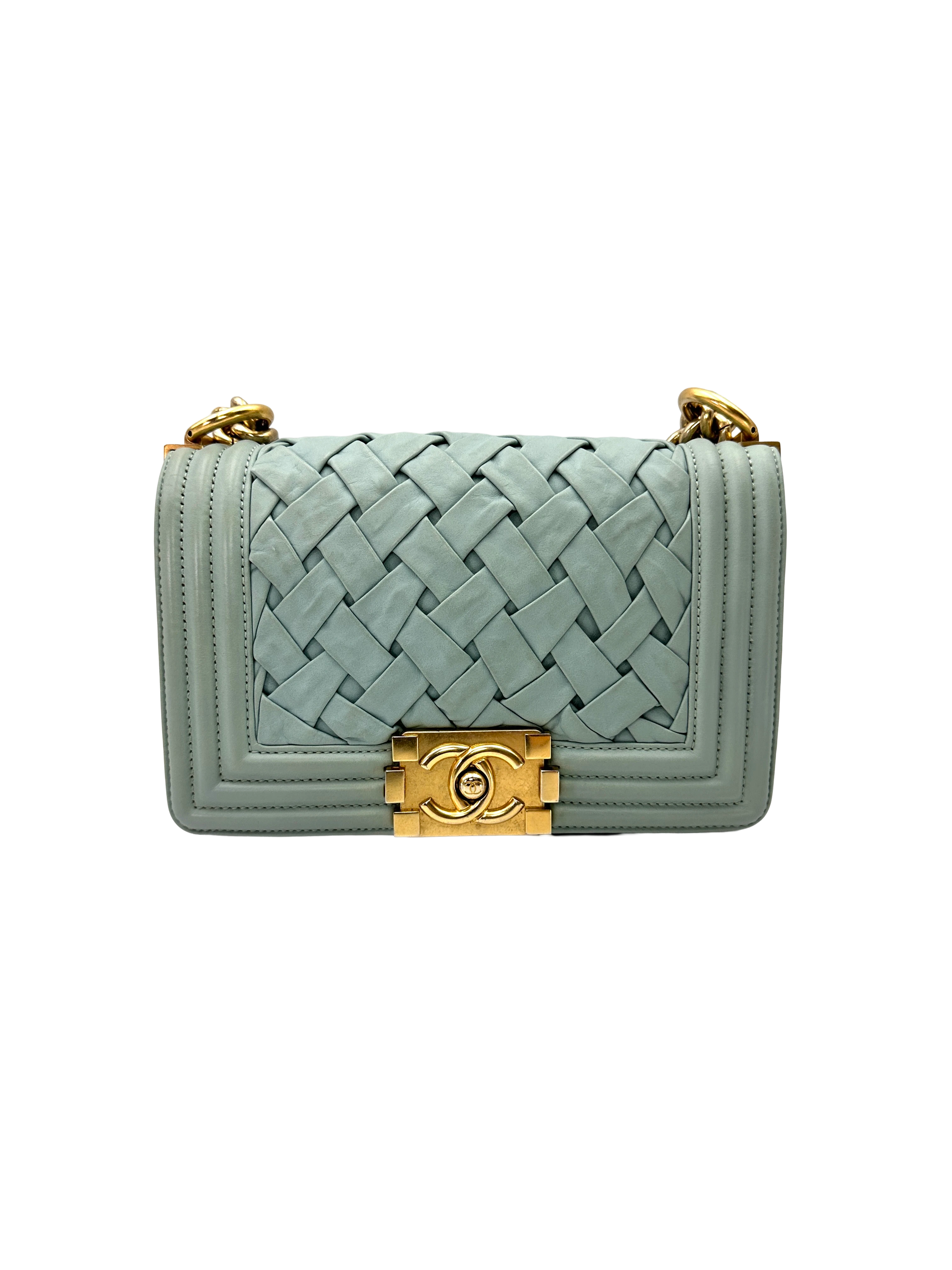 Chanel LeBoy Mint Green Interlocking Woven Leather Small Size Flap Bag With Gold Buckle(17***92) CC2406