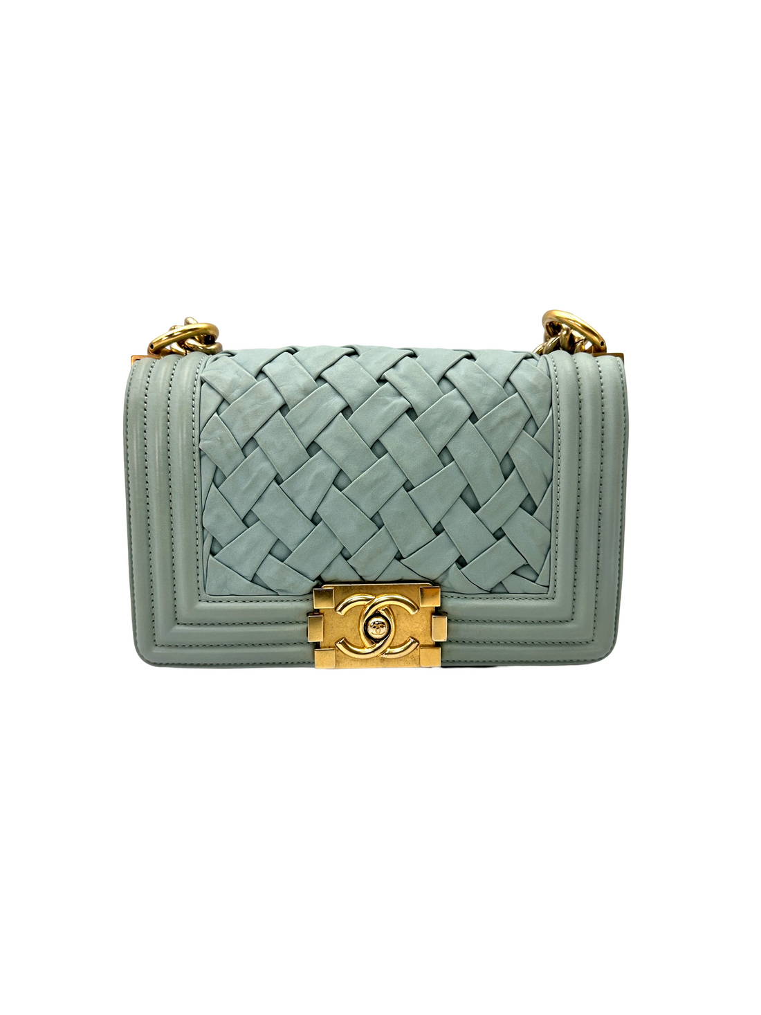 Chanel LeBoy Mint Green Interlocking Woven Leather Small Size Flap Bag With Gold Buckle(17***92) CC2406