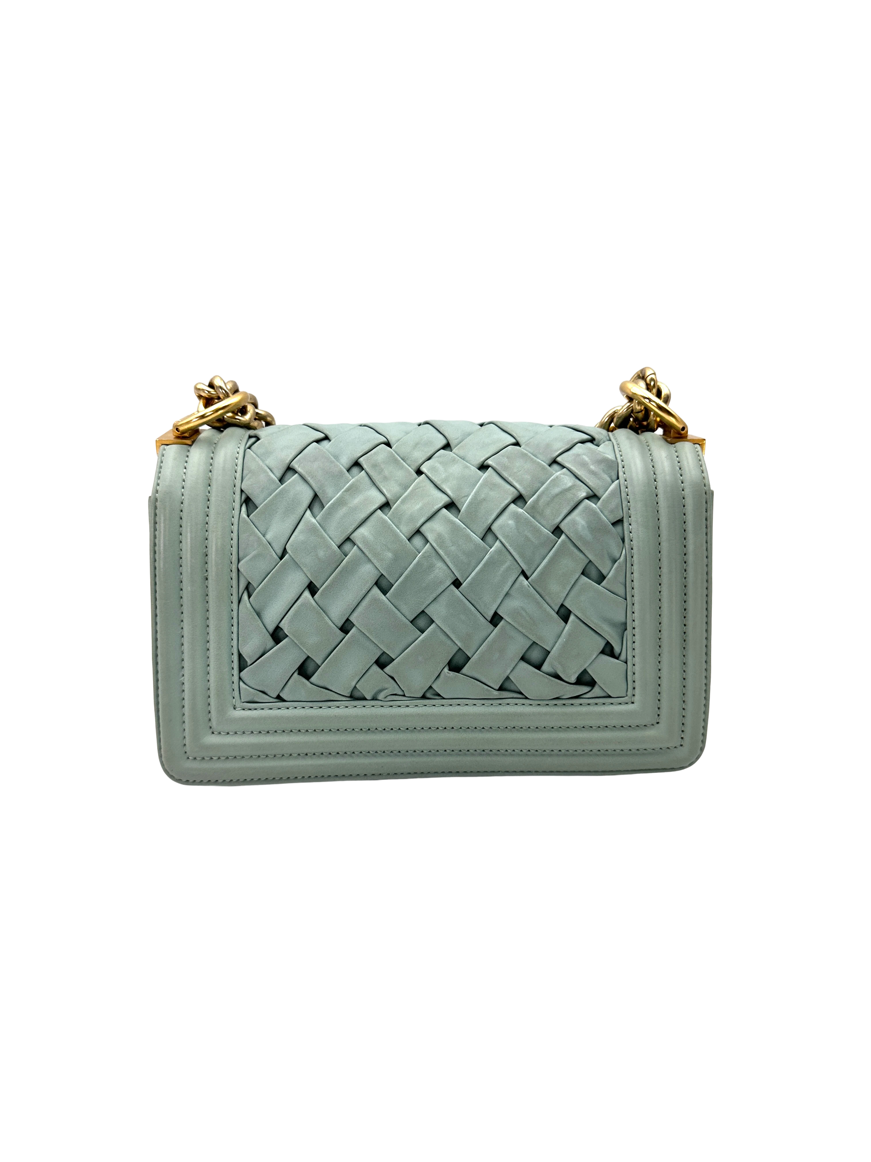 Chanel LeBoy Mint Green Interlocking Woven Leather Small Size Flap Bag With Gold Buckle(17***92) CC2406