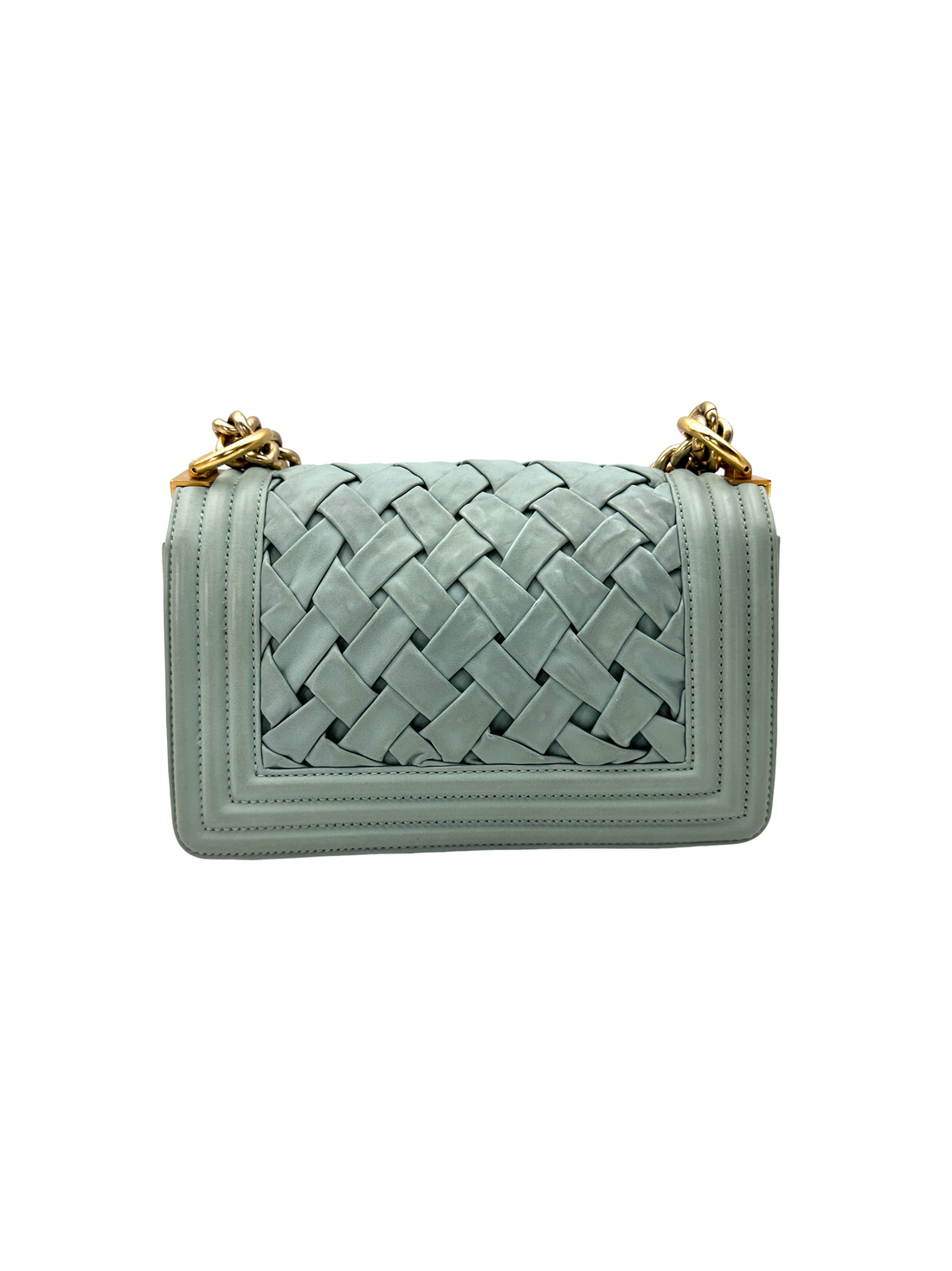 Chanel LeBoy Mint Green Interlocking Woven Leather Small Size Flap Bag With Gold Buckle(17***92) CC2406