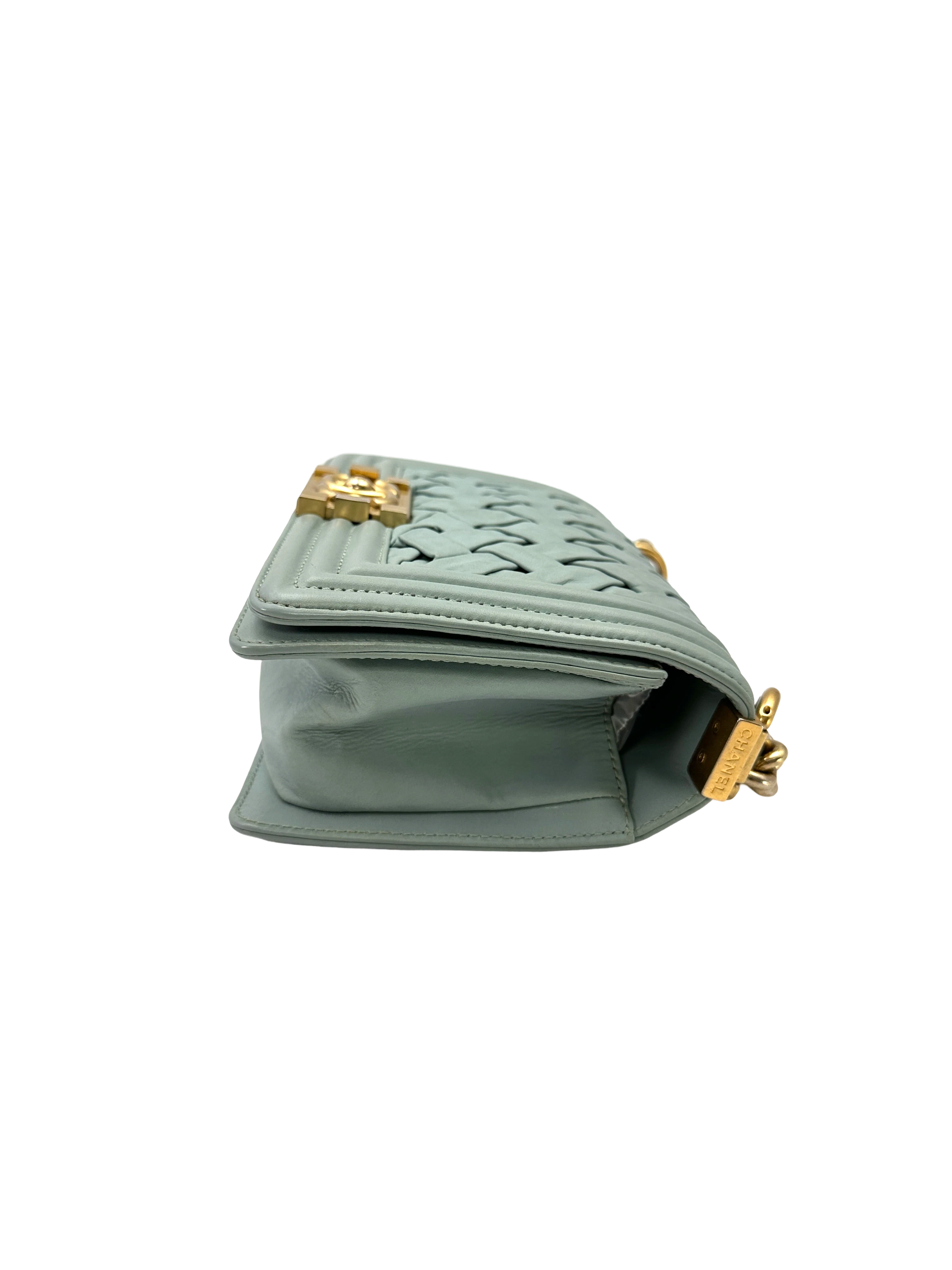 Chanel LeBoy Mint Green Interlocking Woven Leather Small Size Flap Bag With Gold Buckle(17***92) CC2406