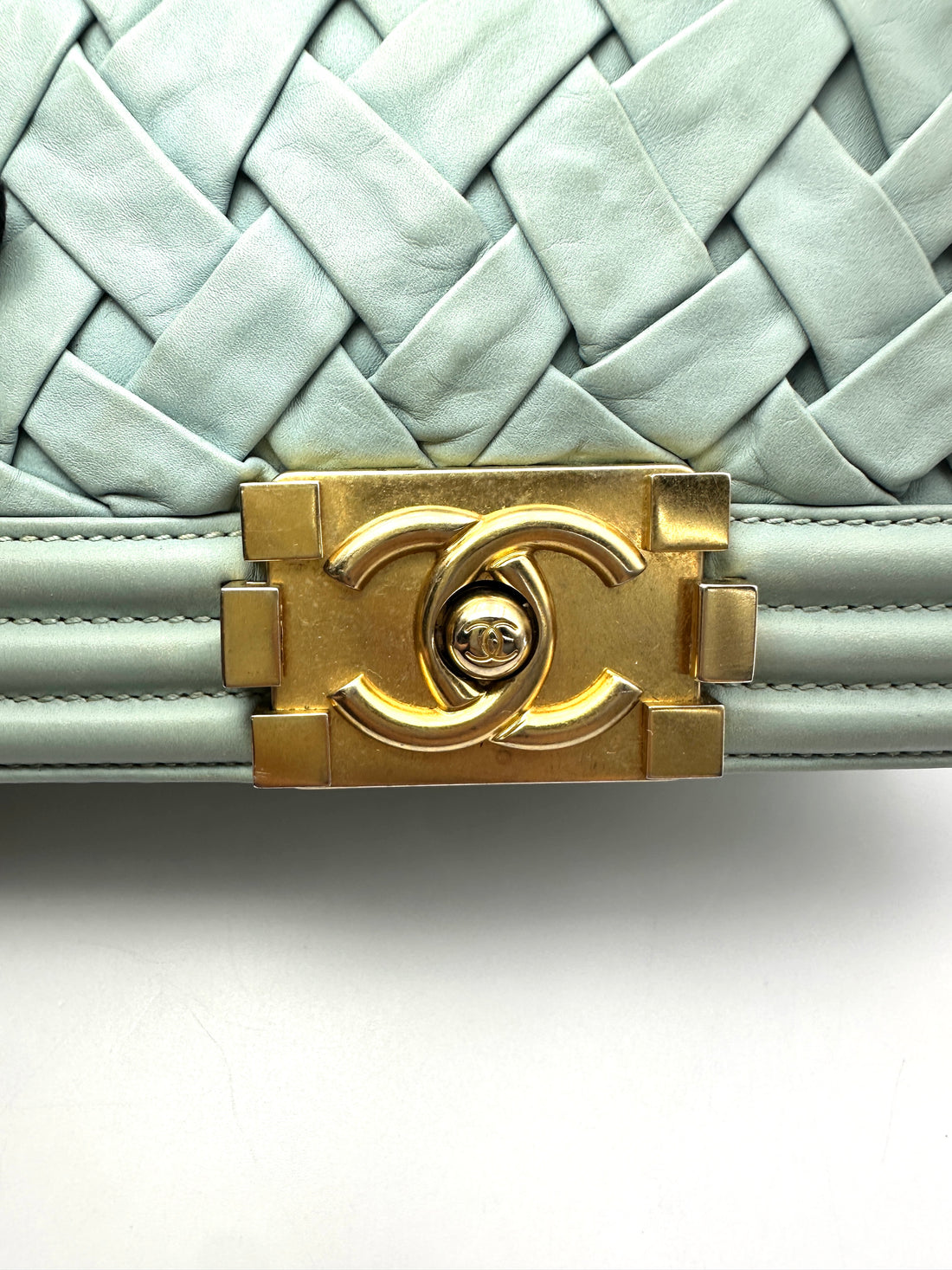 Chanel LeBoy Mint Green Interlocking Woven Leather Small Size Flap Bag With Gold Buckle(17***92) CC2406