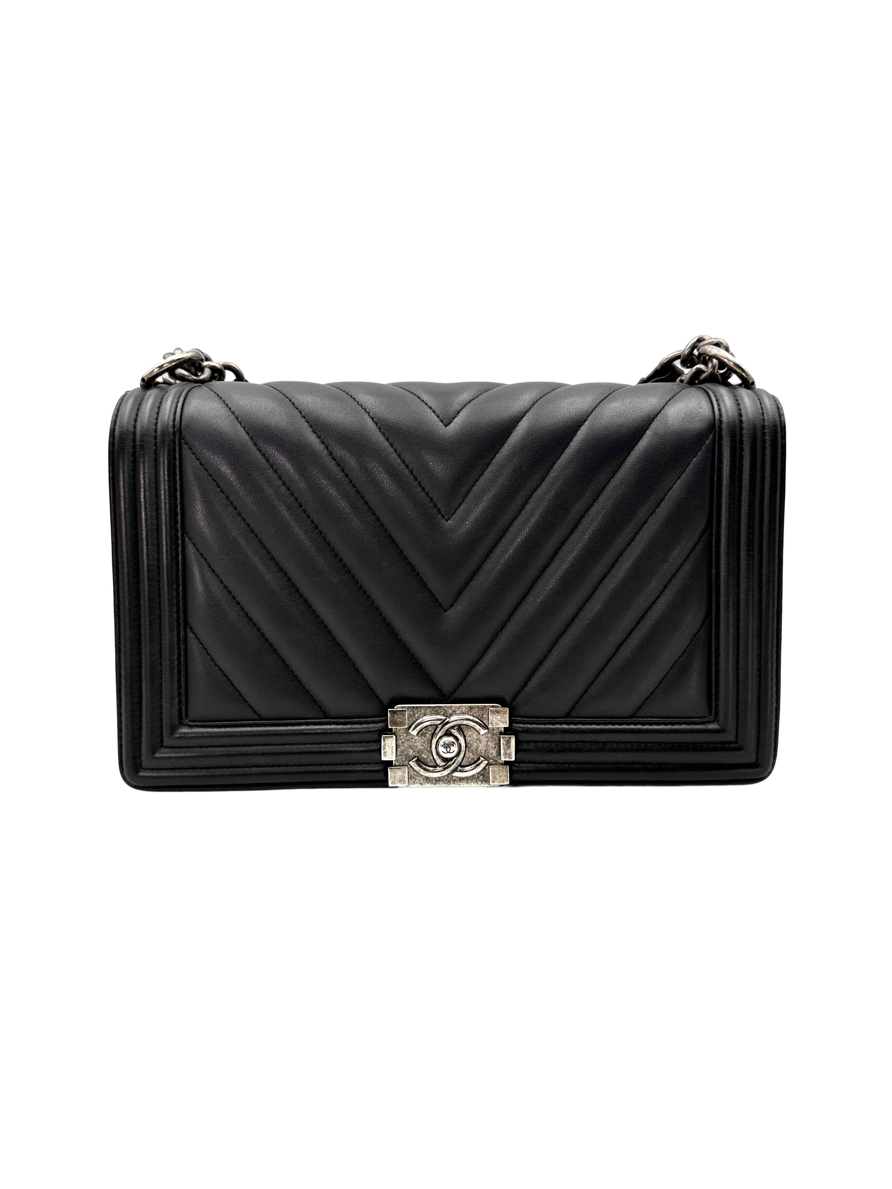Chanel LeBoy Black Chevron Quilted Leather Flap Bag With Silver Buckle(20***21) CC2408