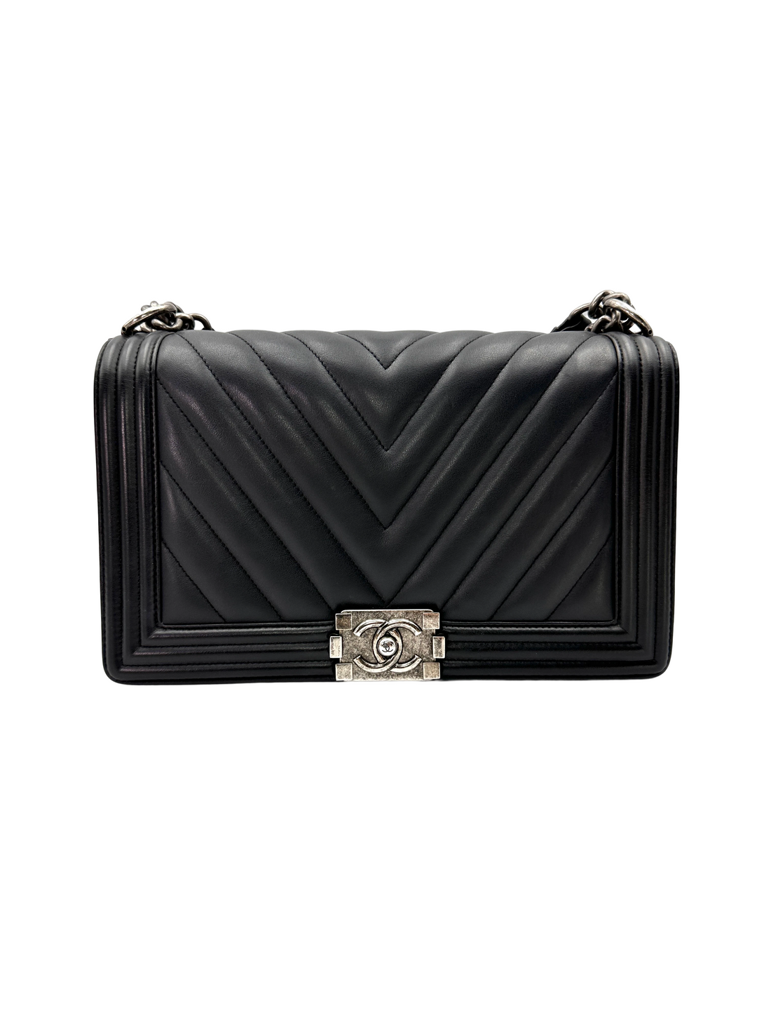 Chanel LeBoy Black Chevron Quilted Leather Flap Bag With Silver Buckle(20***21) CC2408