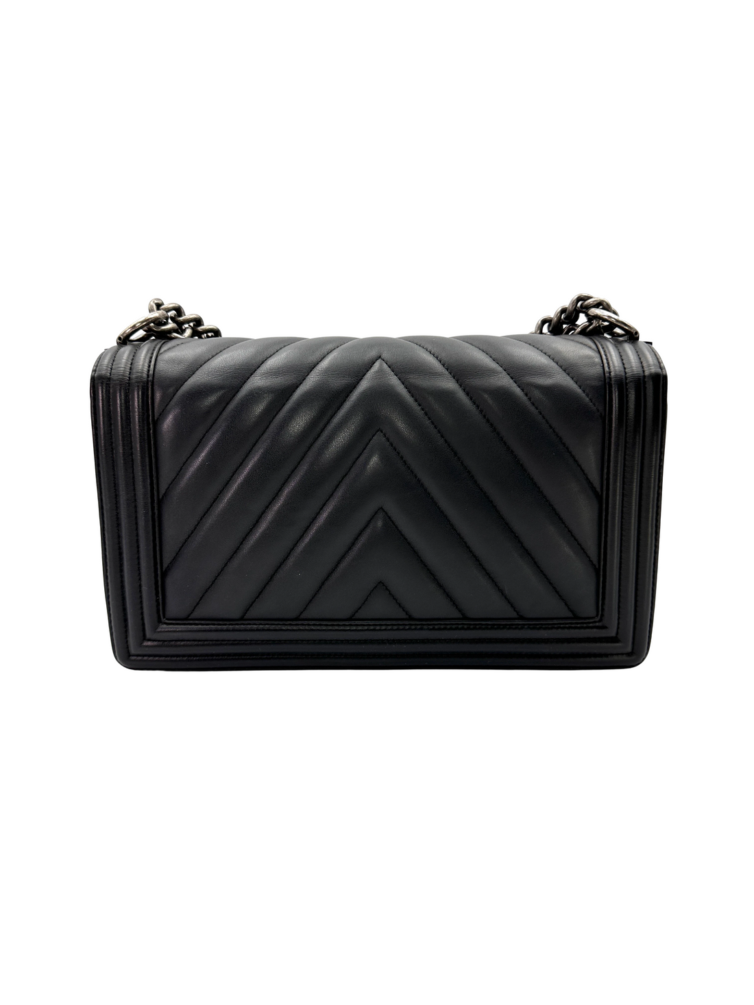 Chanel LeBoy Black Chevron Quilted Leather Flap Bag With Silver Buckle(20***21) CC2408