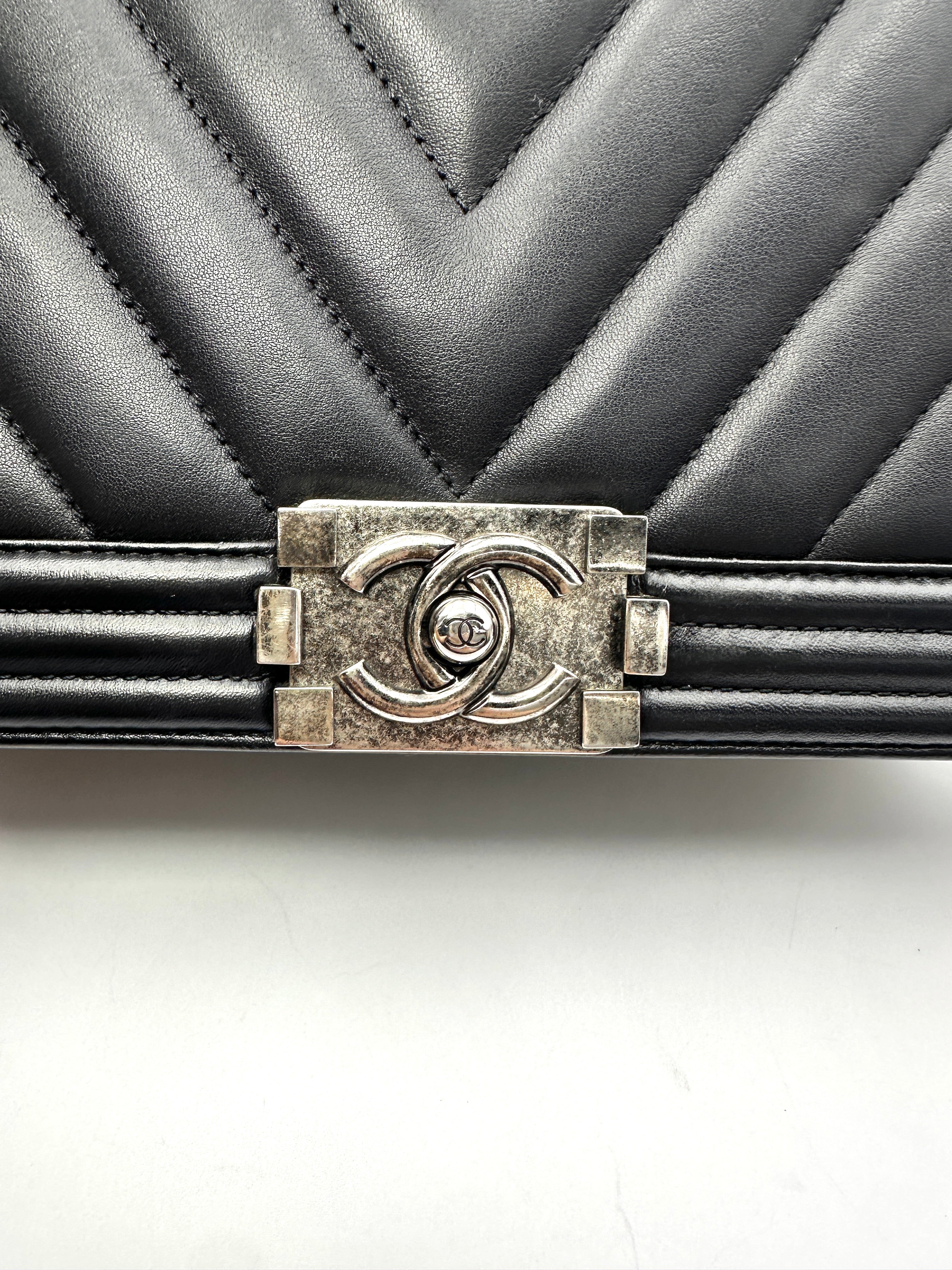 Chanel LeBoy Black Chevron Quilted Leather Flap Bag With Silver Buckle(20***21) CC2408