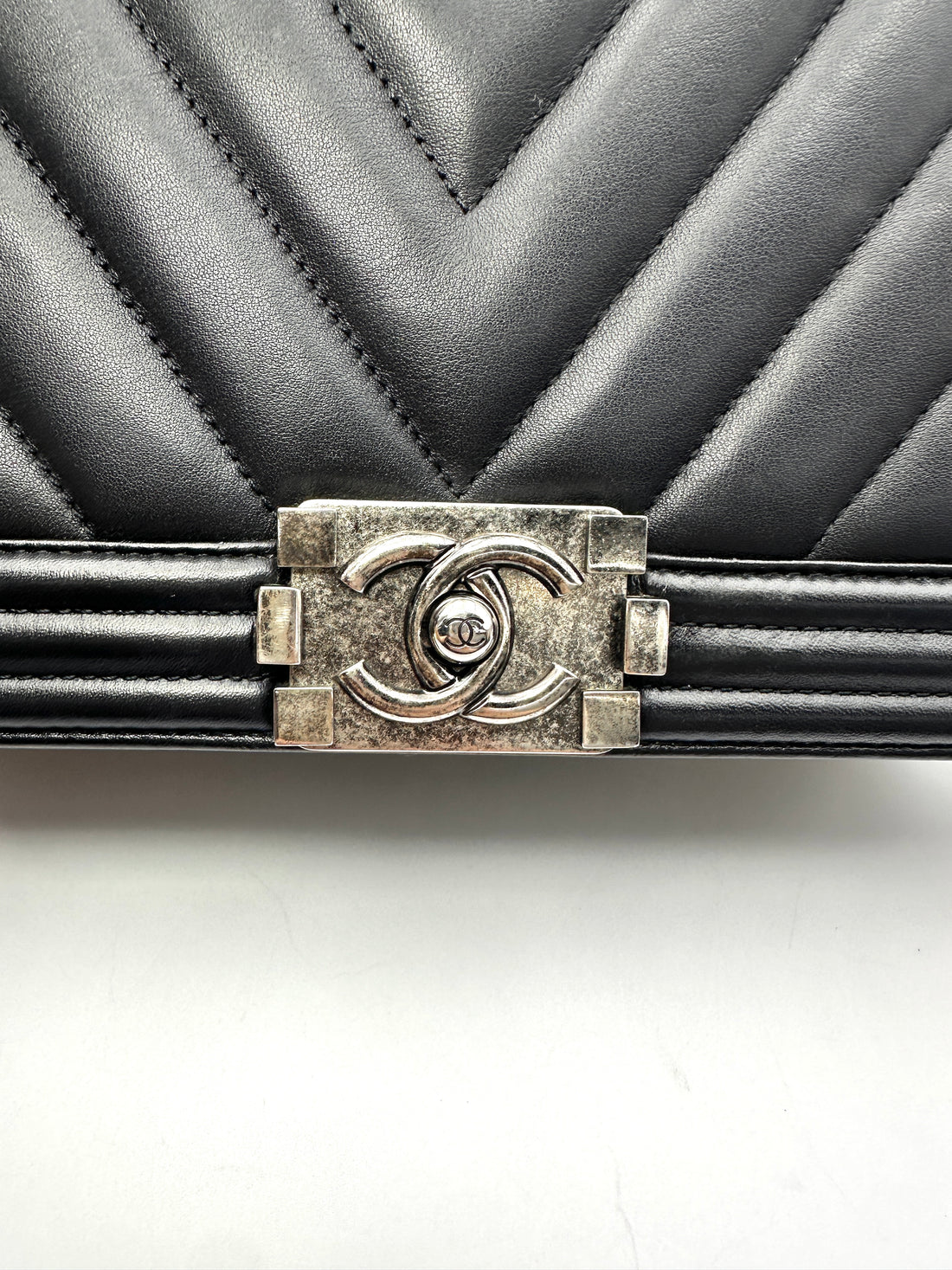 Chanel LeBoy Black Chevron Quilted Leather Flap Bag With Silver Buckle(20***21) CC2408