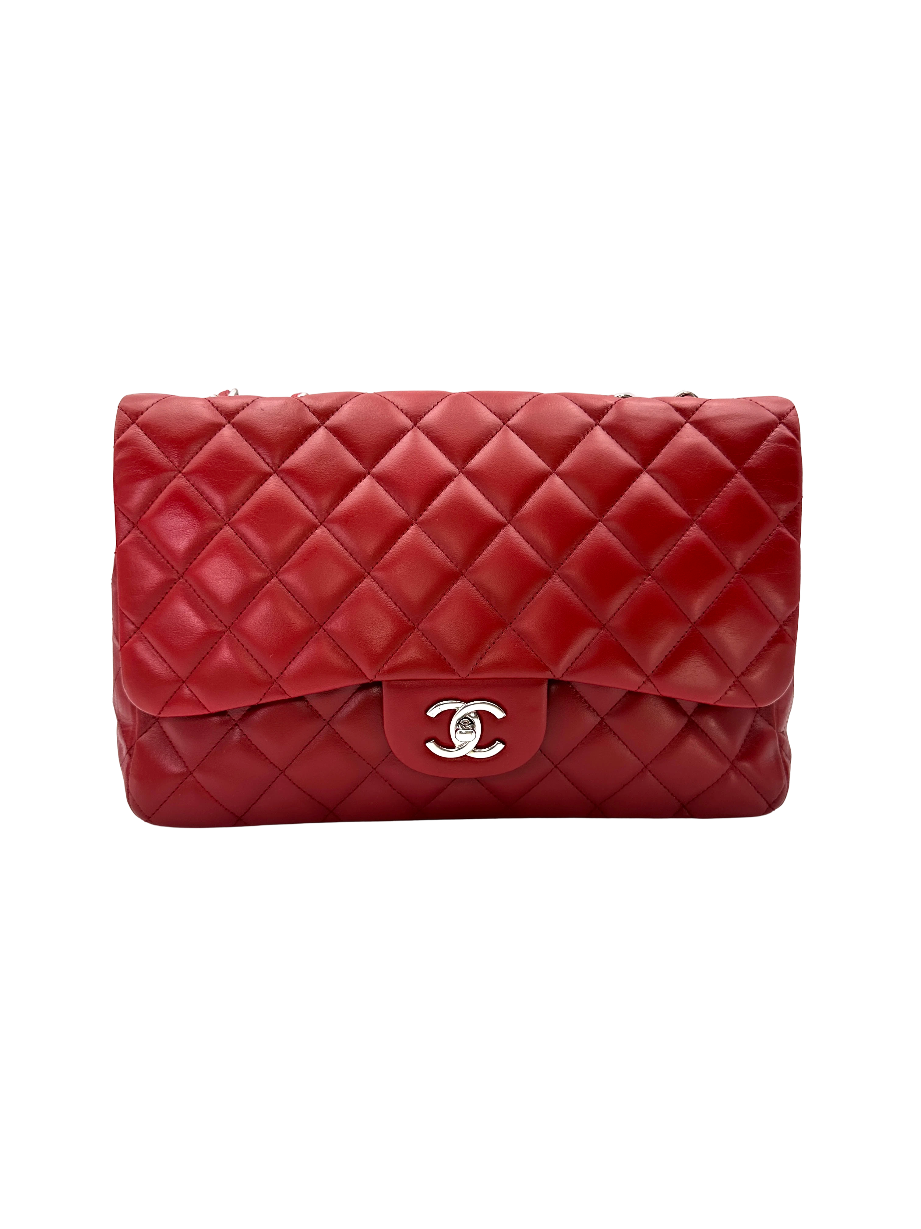 Chanel Classic Flap Red Quilted Leather Jumbo Shoulder Bag With Silver Buckle(13***87) CC2405