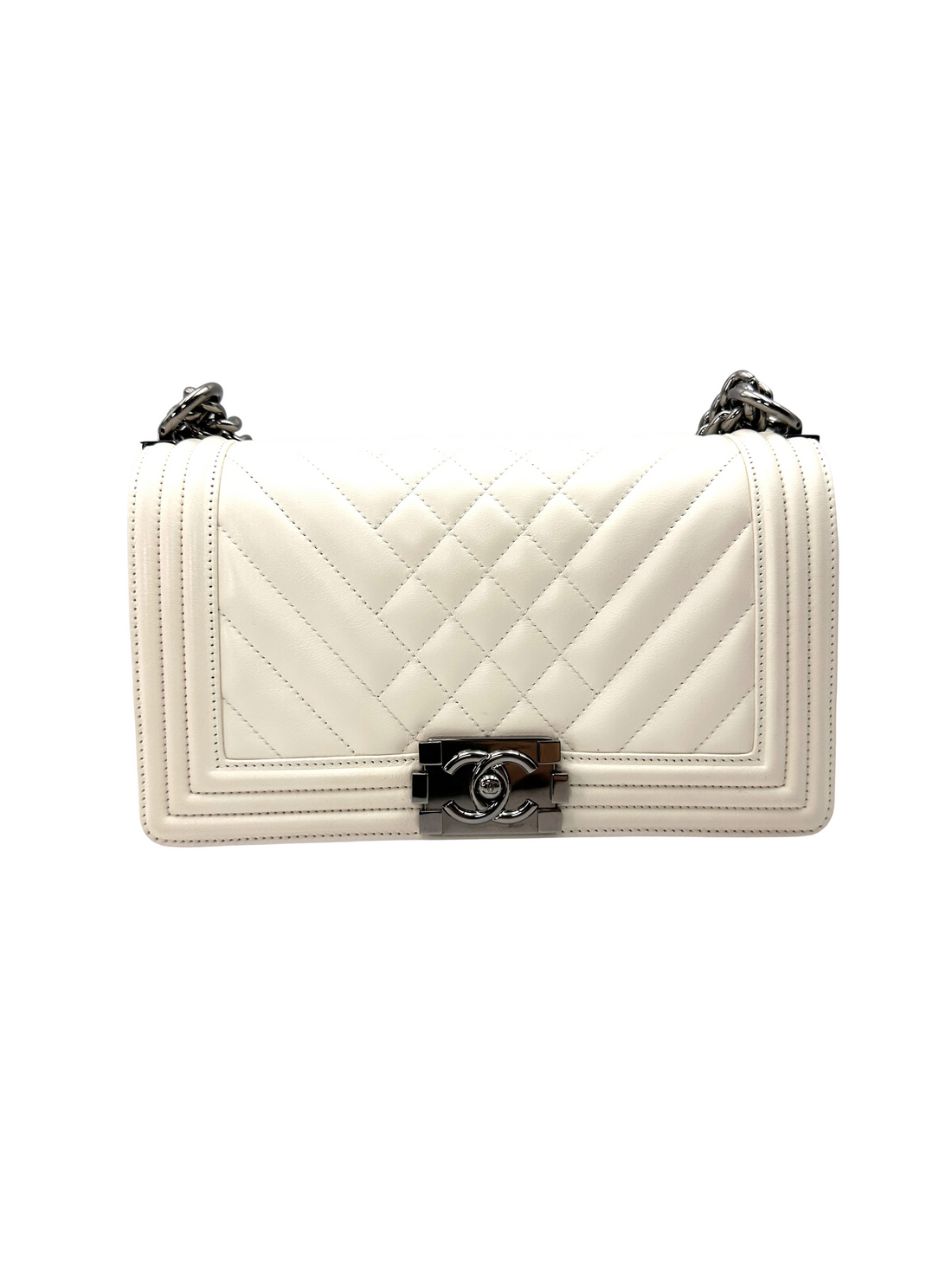 Chanel LeBoy White Quilted Leather Medium Size Flap Bag With Silver Buckle(19***93) CC2412