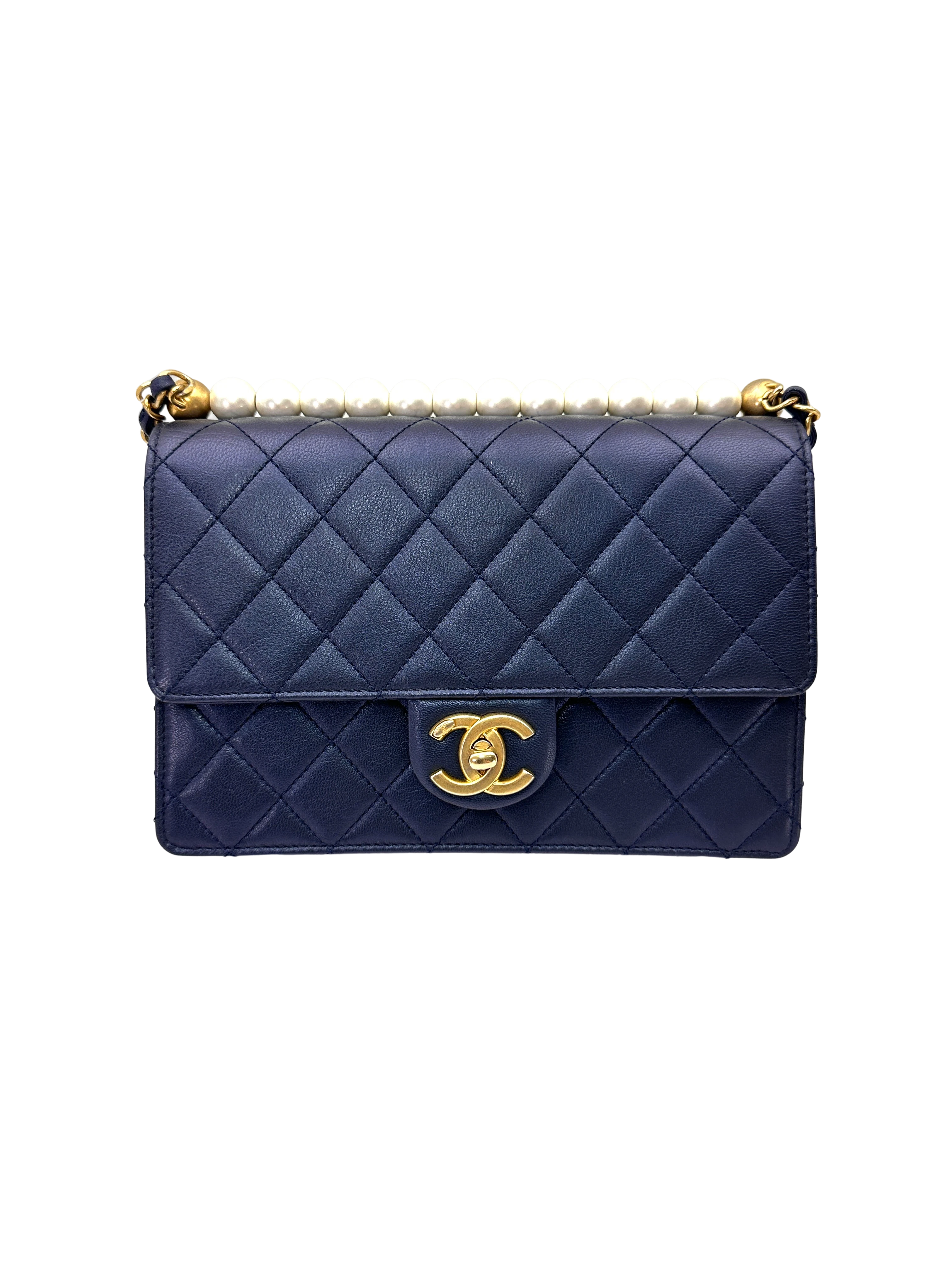 Chanel Classic Flap Navy Quilted Leather Pearl Top Handle Bag(29***37) CC2409