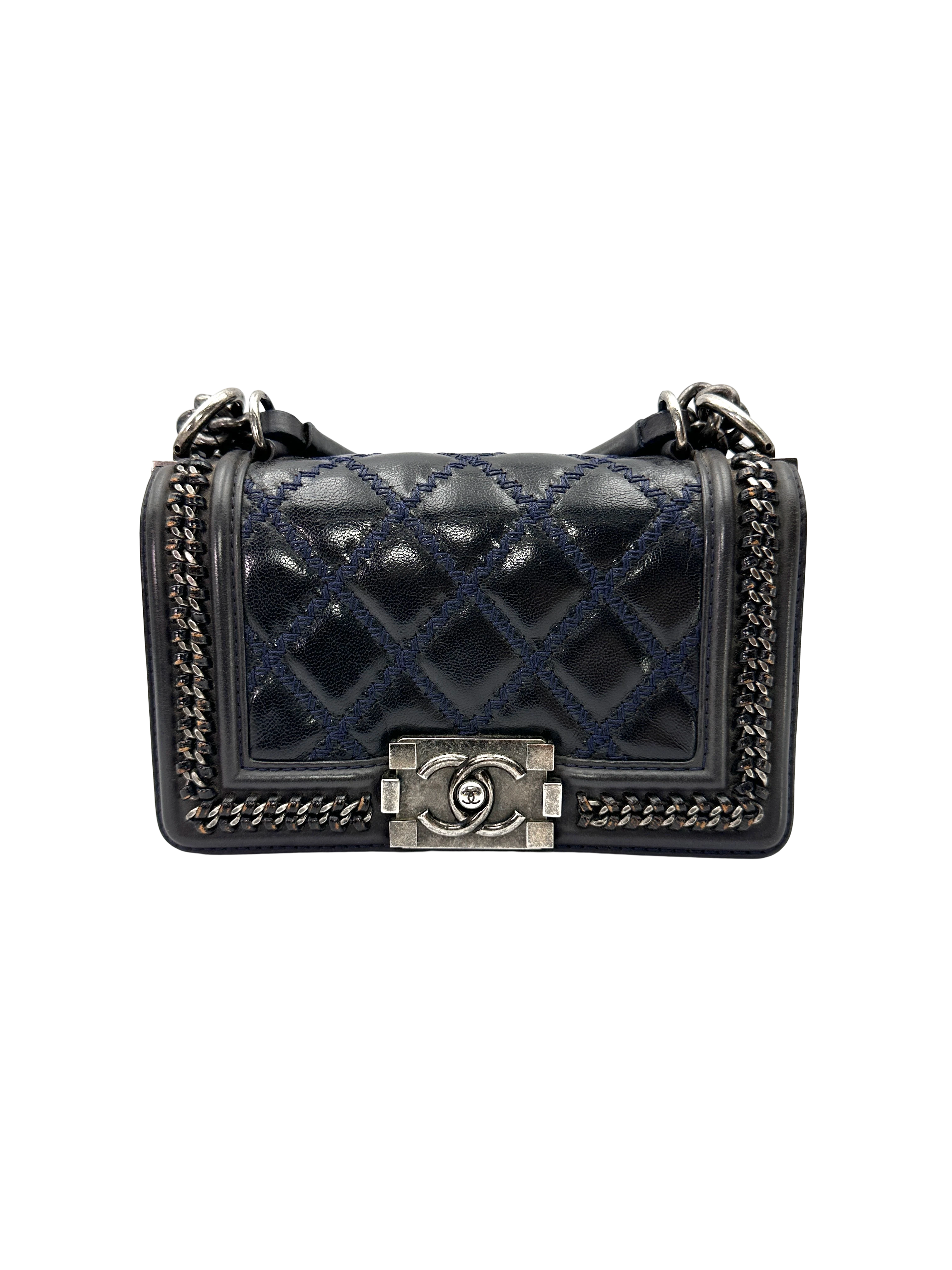 Chanel LeBoy Black Quilted Chain Braided Leather Top Handle Flap Bag With Silver Buckle(21***22) CC2411