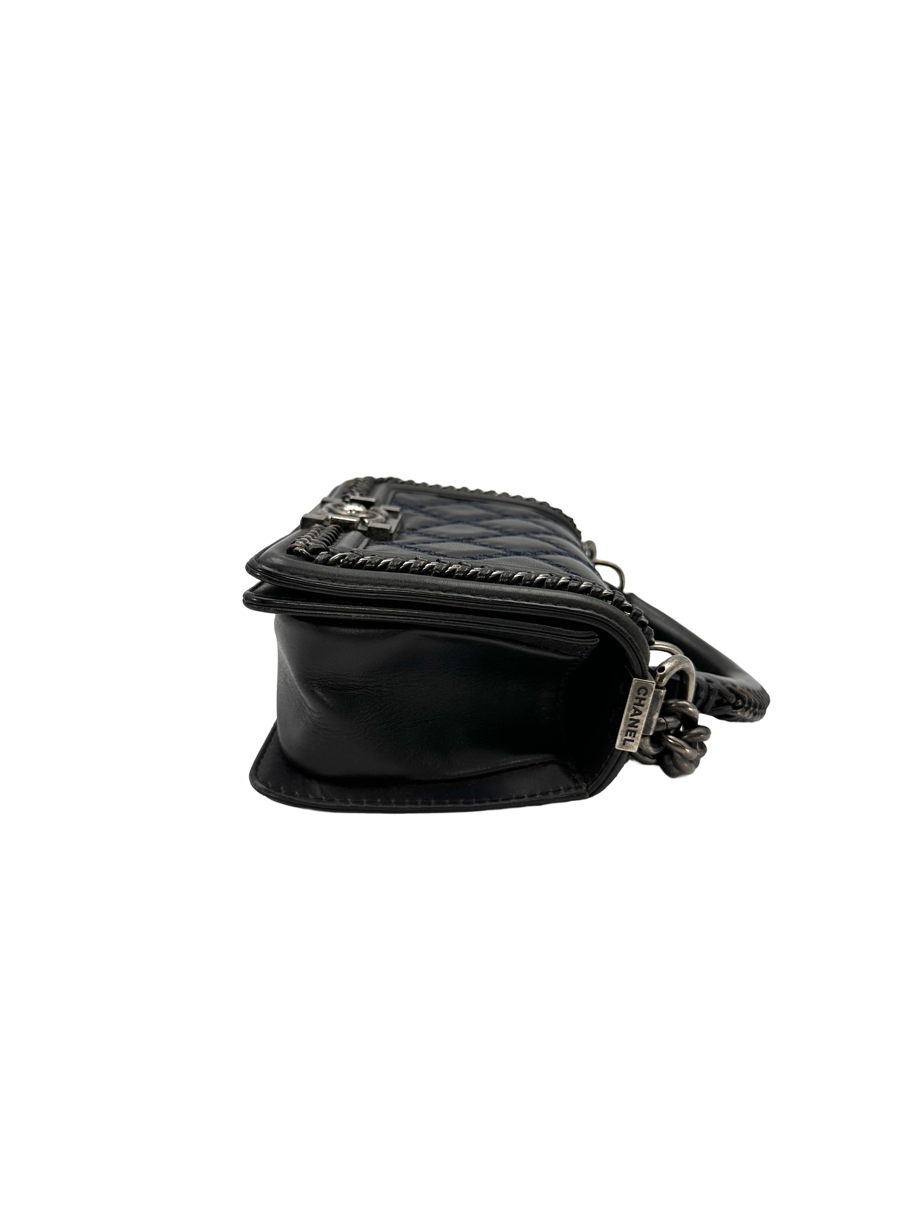 Chanel LeBoy Black Quilted Chain Braided Leather Top Handle Flap Bag With Silver Buckle(21***22) CC2411