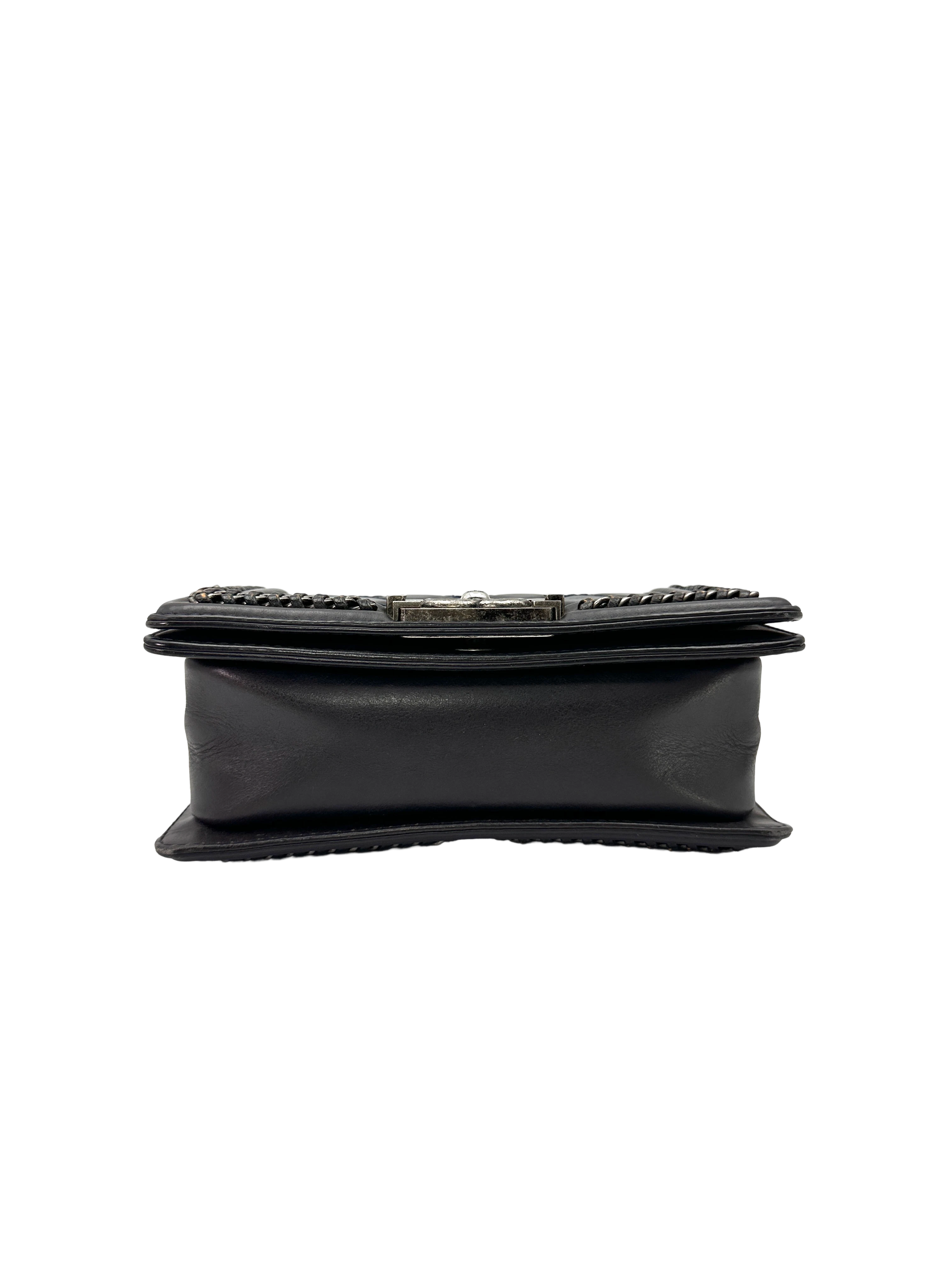 Chanel LeBoy Black Quilted Chain Braided Leather Top Handle Flap Bag With Silver Buckle(21***22) CC2411