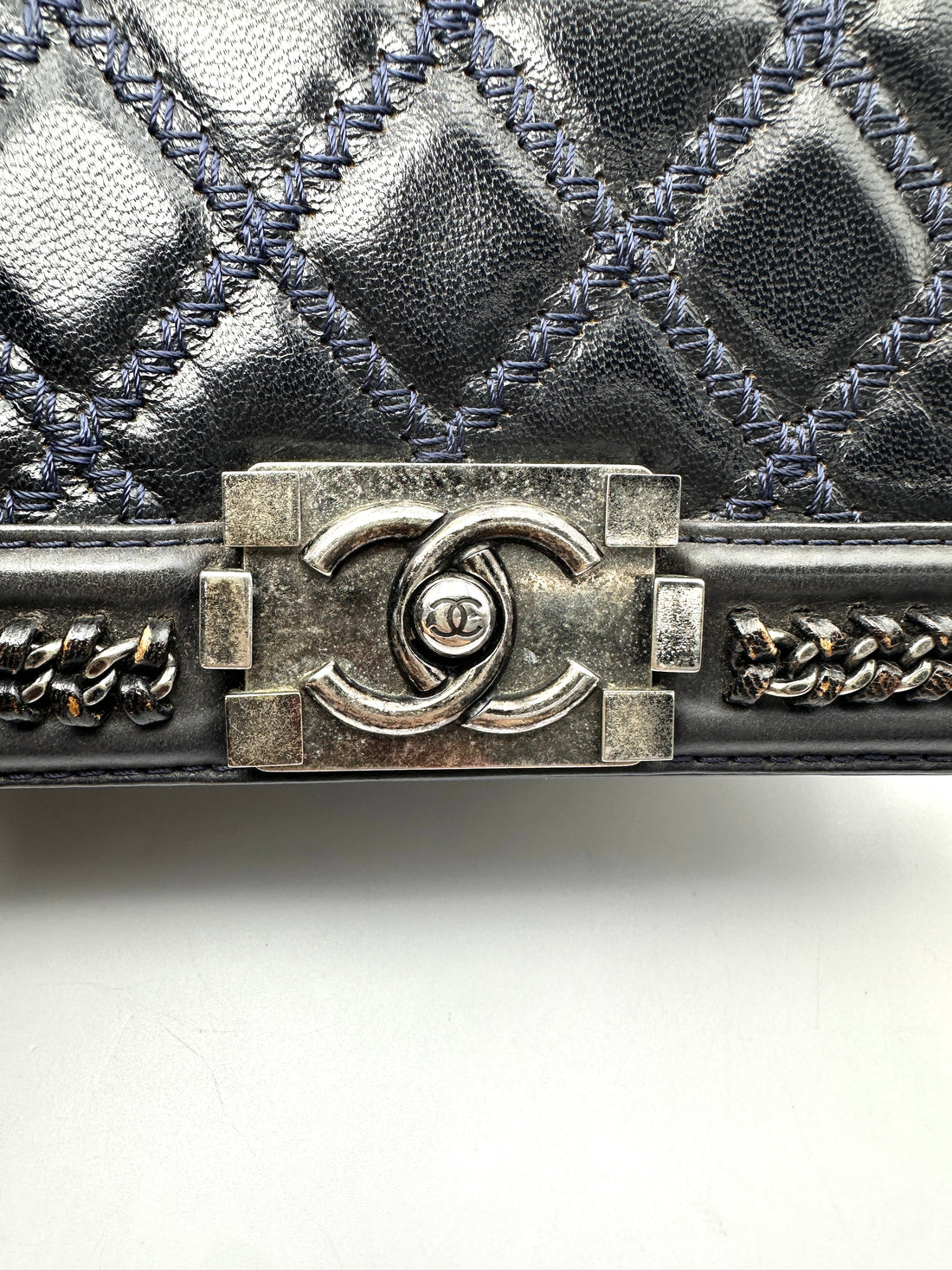 Chanel LeBoy Black Quilted Chain Braided Leather Top Handle Flap Bag With Silver Buckle(21***22) CC2411