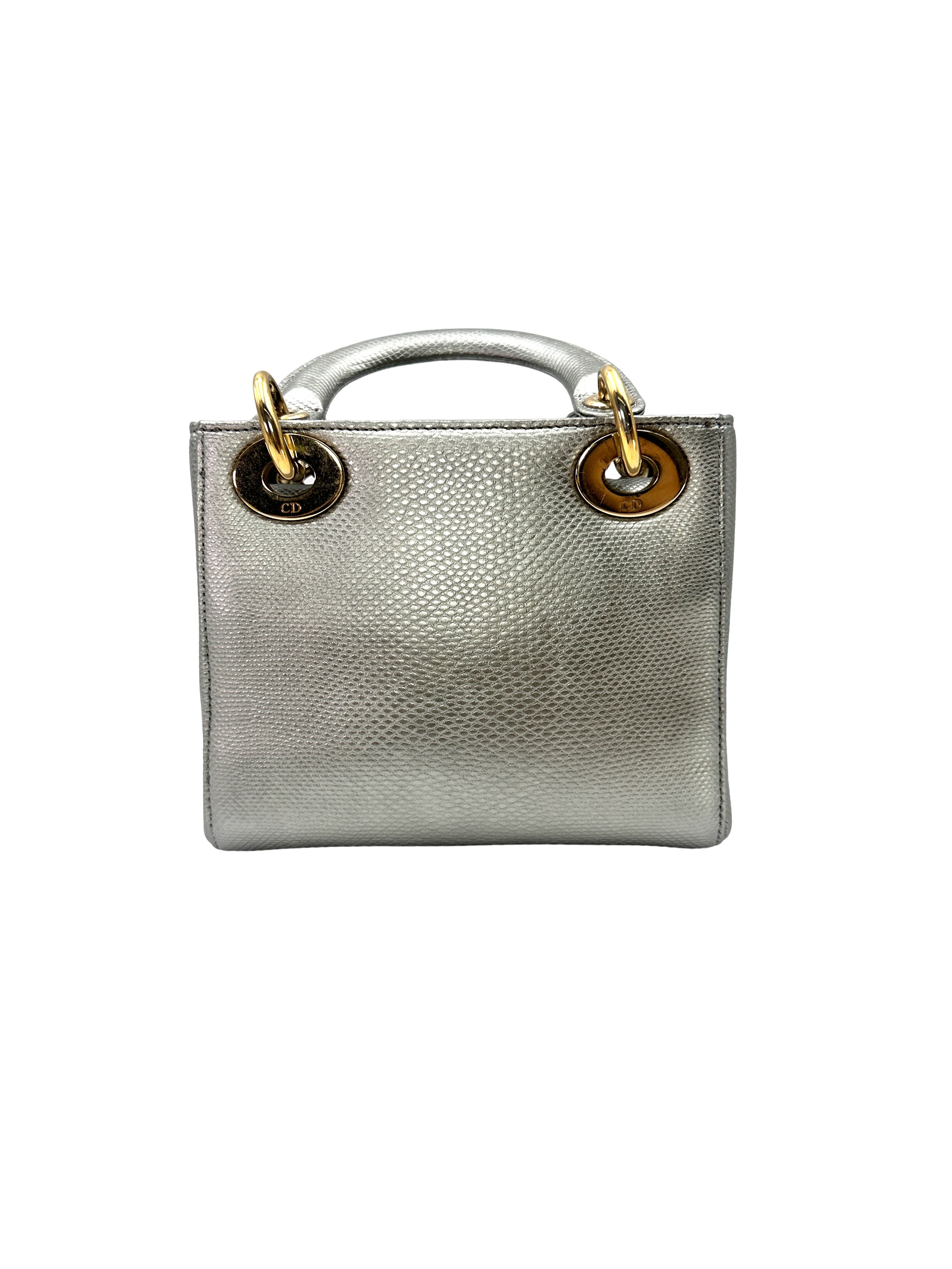 Christian Dior Lady Dior Metallic Silver Python Leather Handle Bag DR869