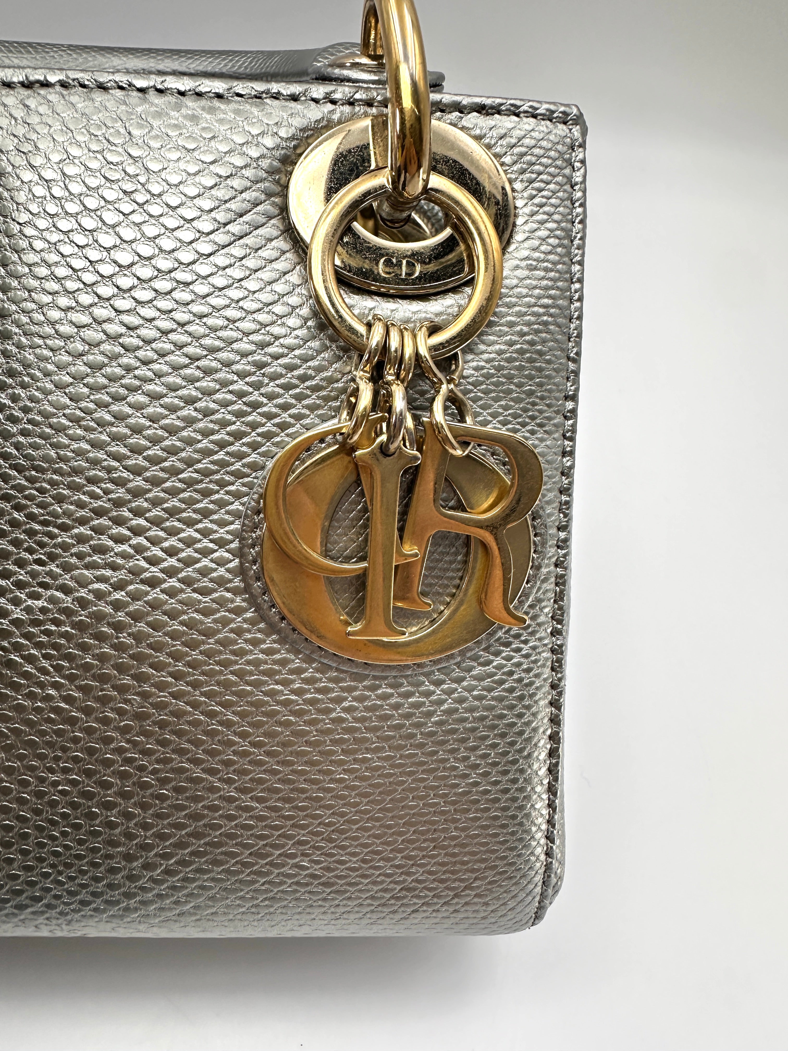 Christian Dior Lady Dior Metallic Silver Python Leather Handle Bag DR869