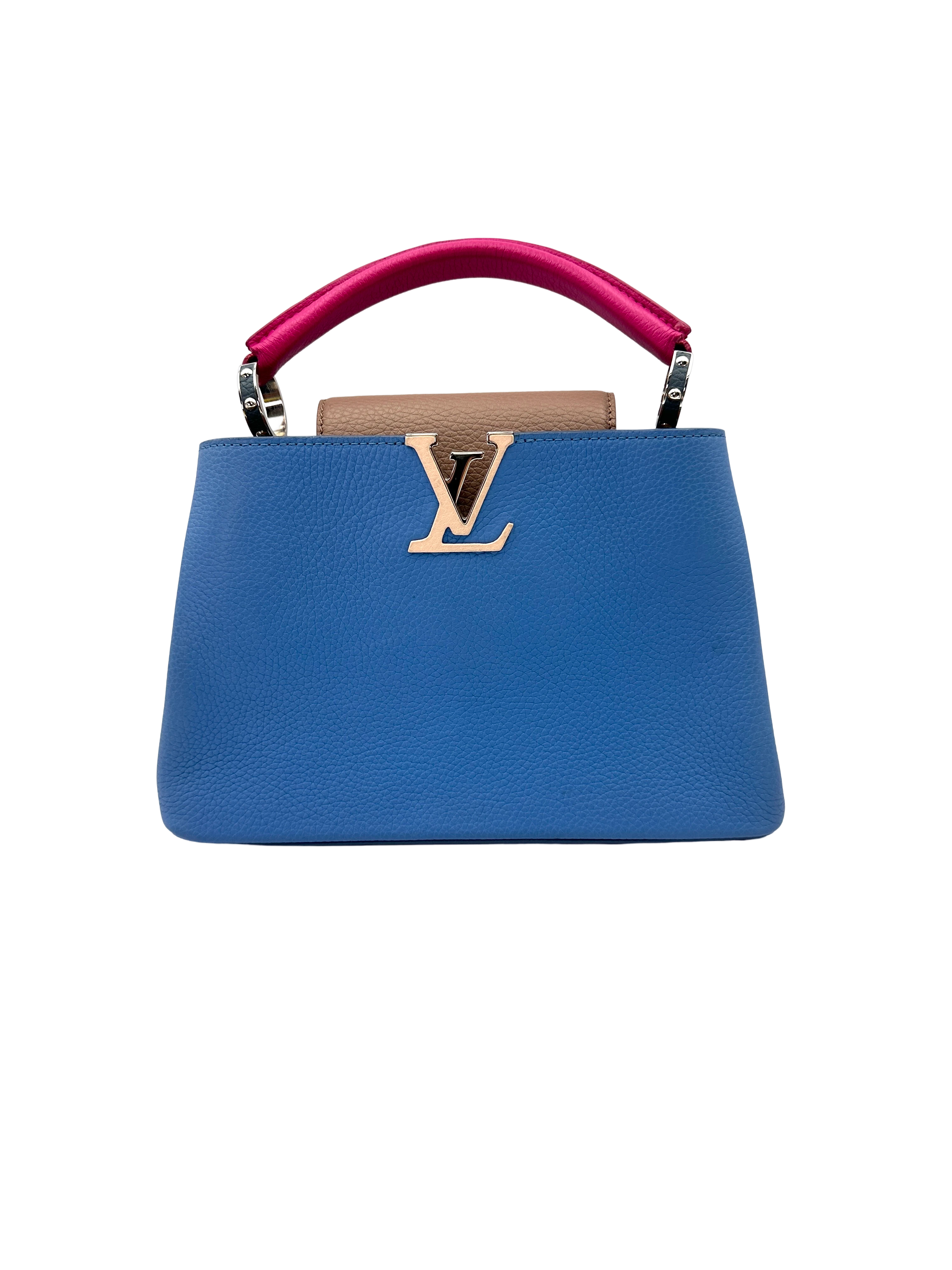 Louis Vuitton Capucines MM Blue Taurillon Leather Pink Handle Bag LV3213