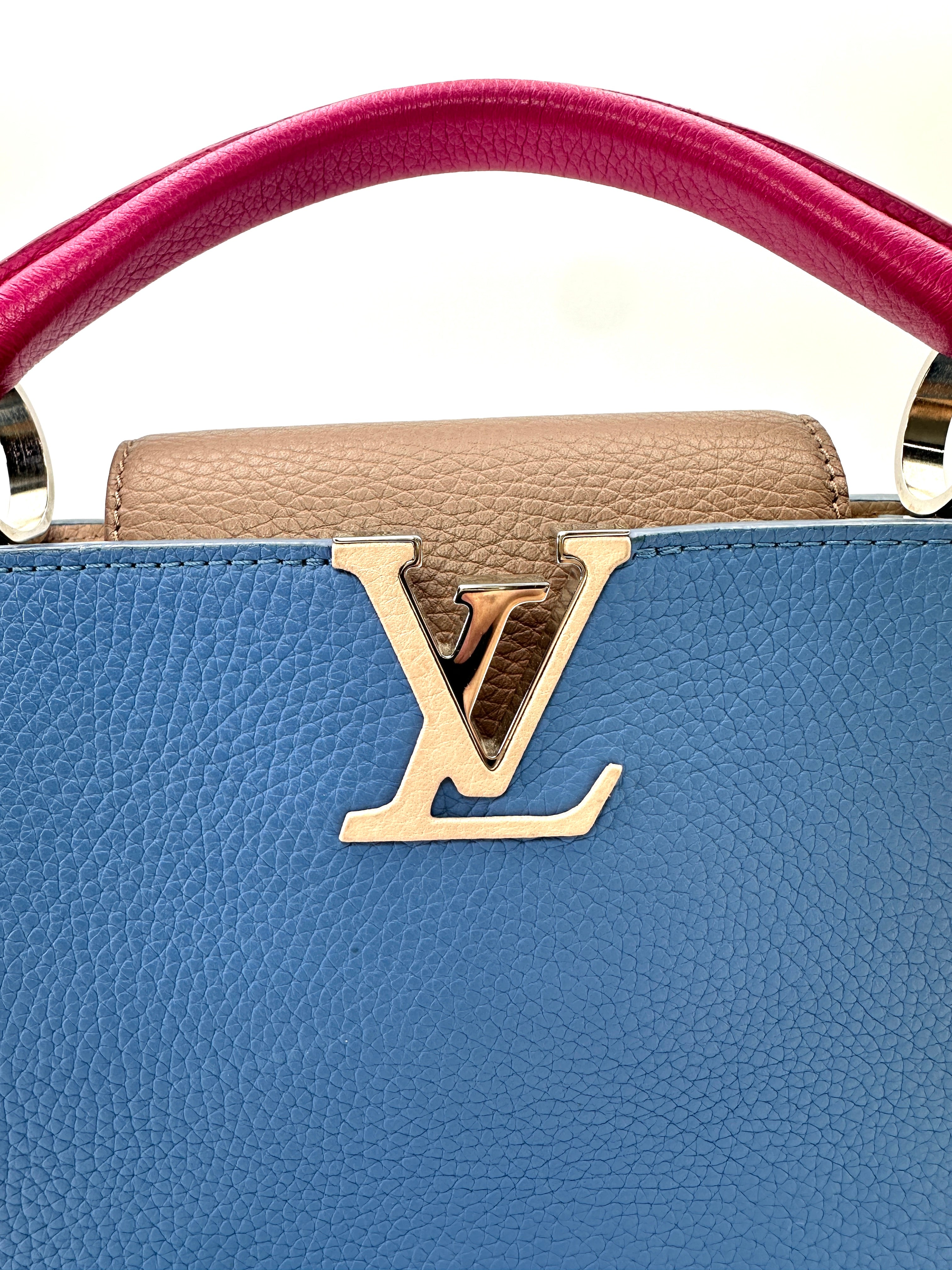Louis Vuitton Capucines MM Blue Taurillon Leather Pink Handle Bag LV3213