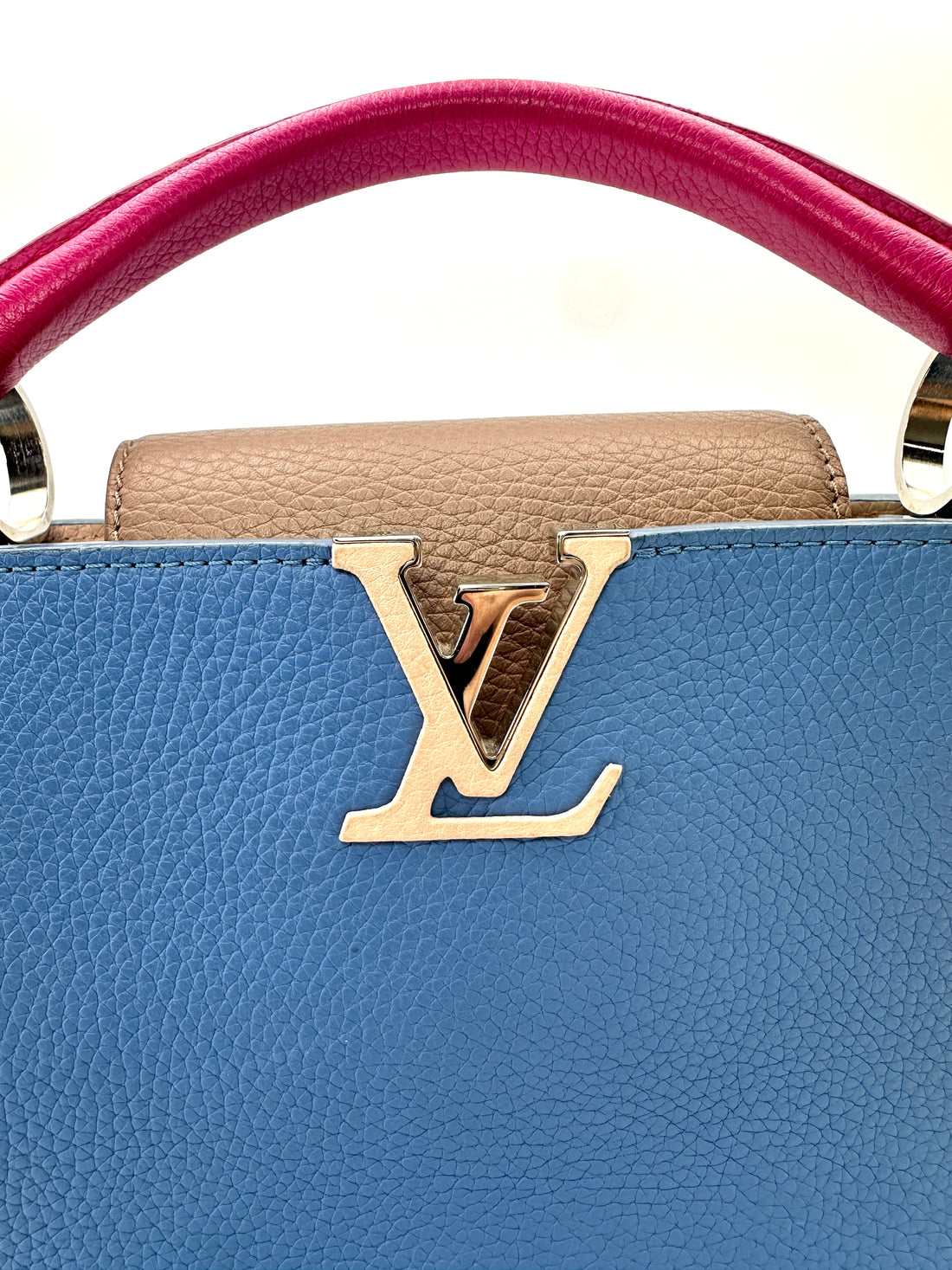 Louis Vuitton Capucines MM Blue Taurillon Leather Pink Handle Bag LV3213