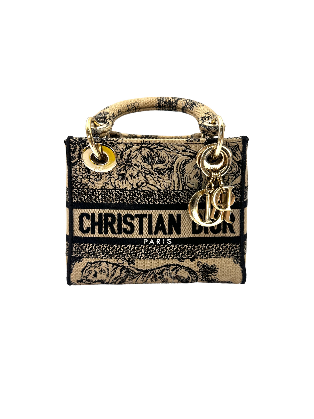 Christian Dior Lady Dior Black/Beige Tiger Embroidery Canvas Handle Bag DR871