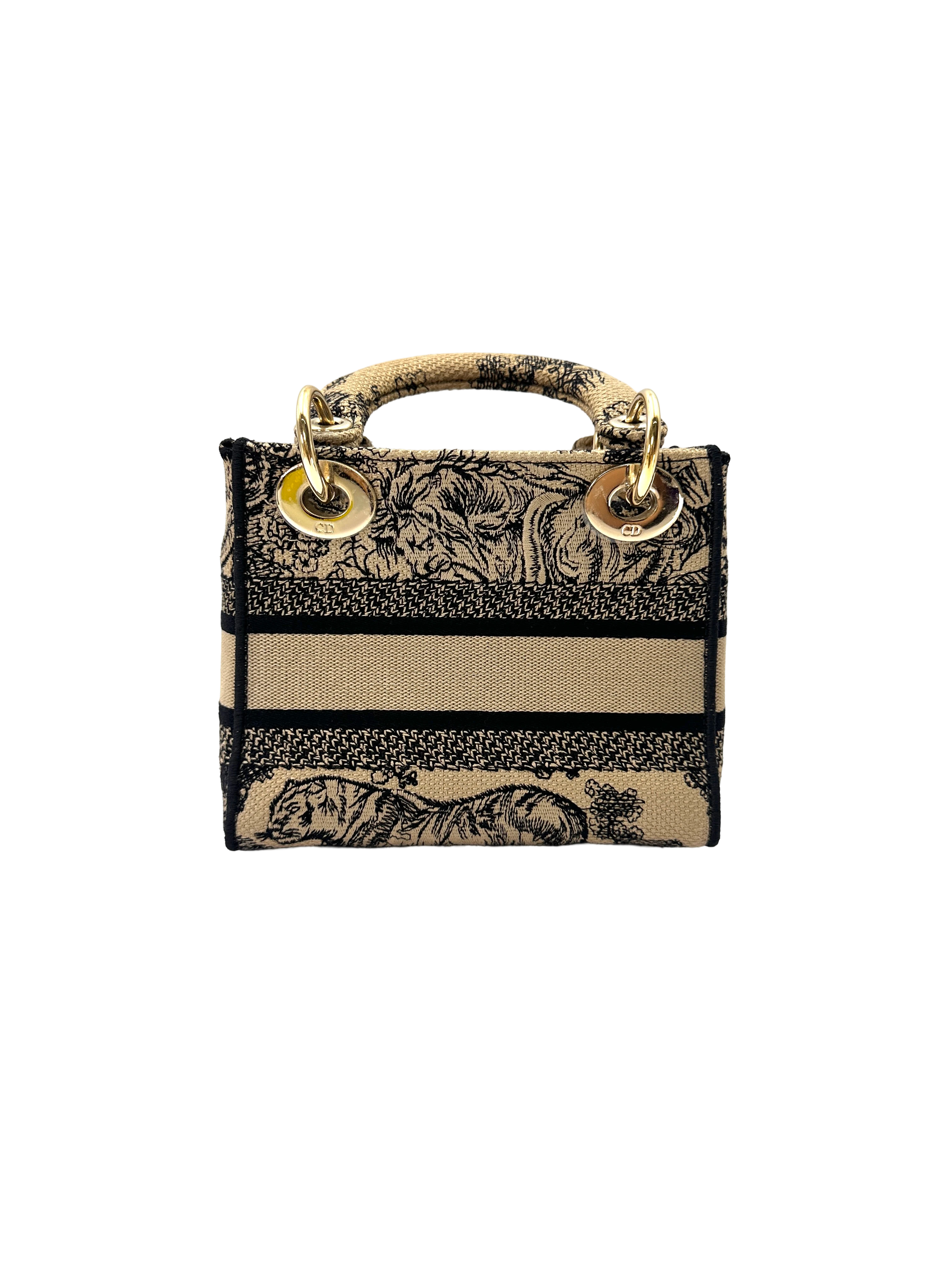 Christian Dior Lady Dior Black/Beige Tiger Embroidery Canvas Handle Bag DR871