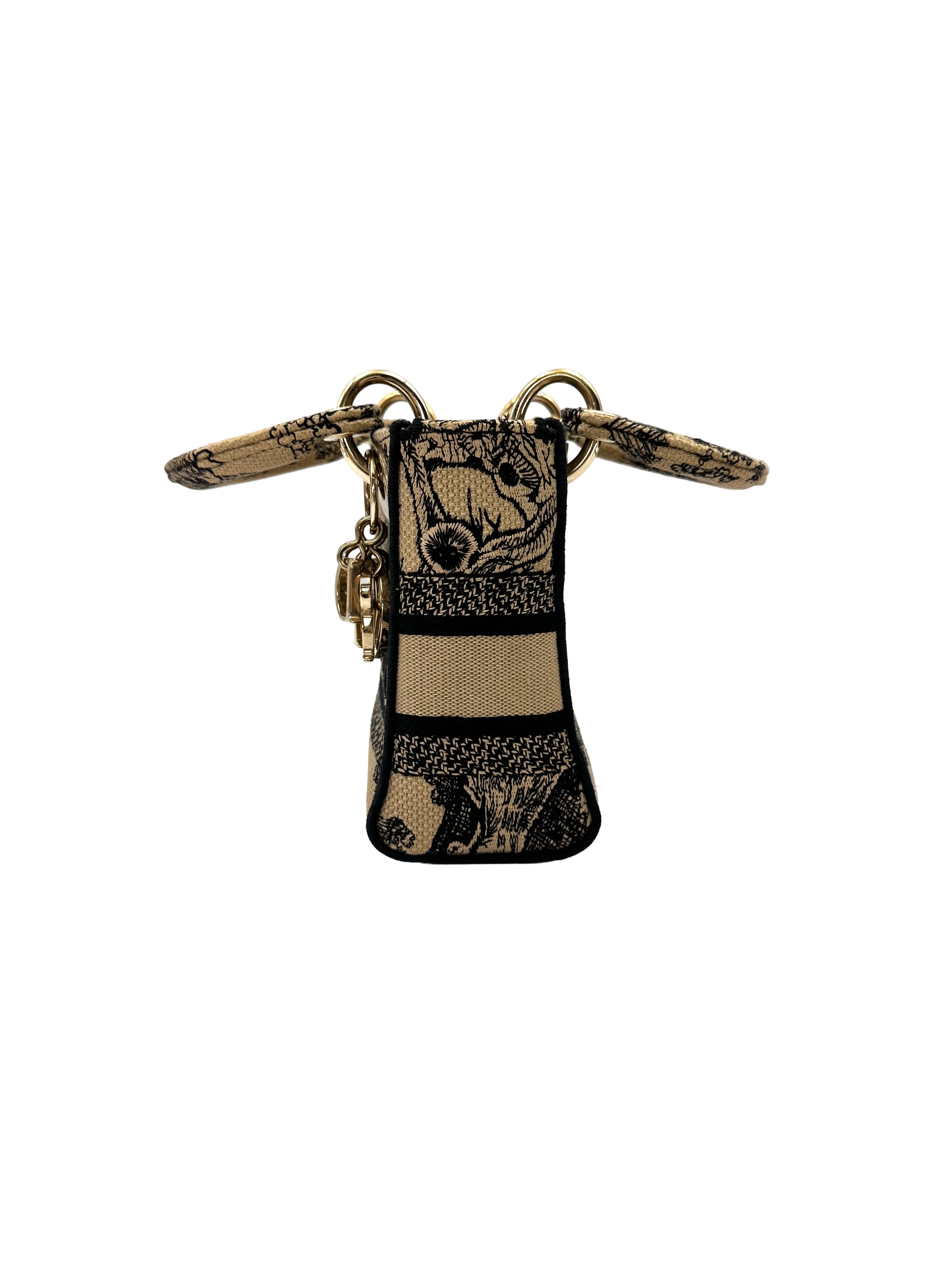 Christian Dior Lady Dior Black/Beige Tiger Embroidery Canvas Handle Bag DR871