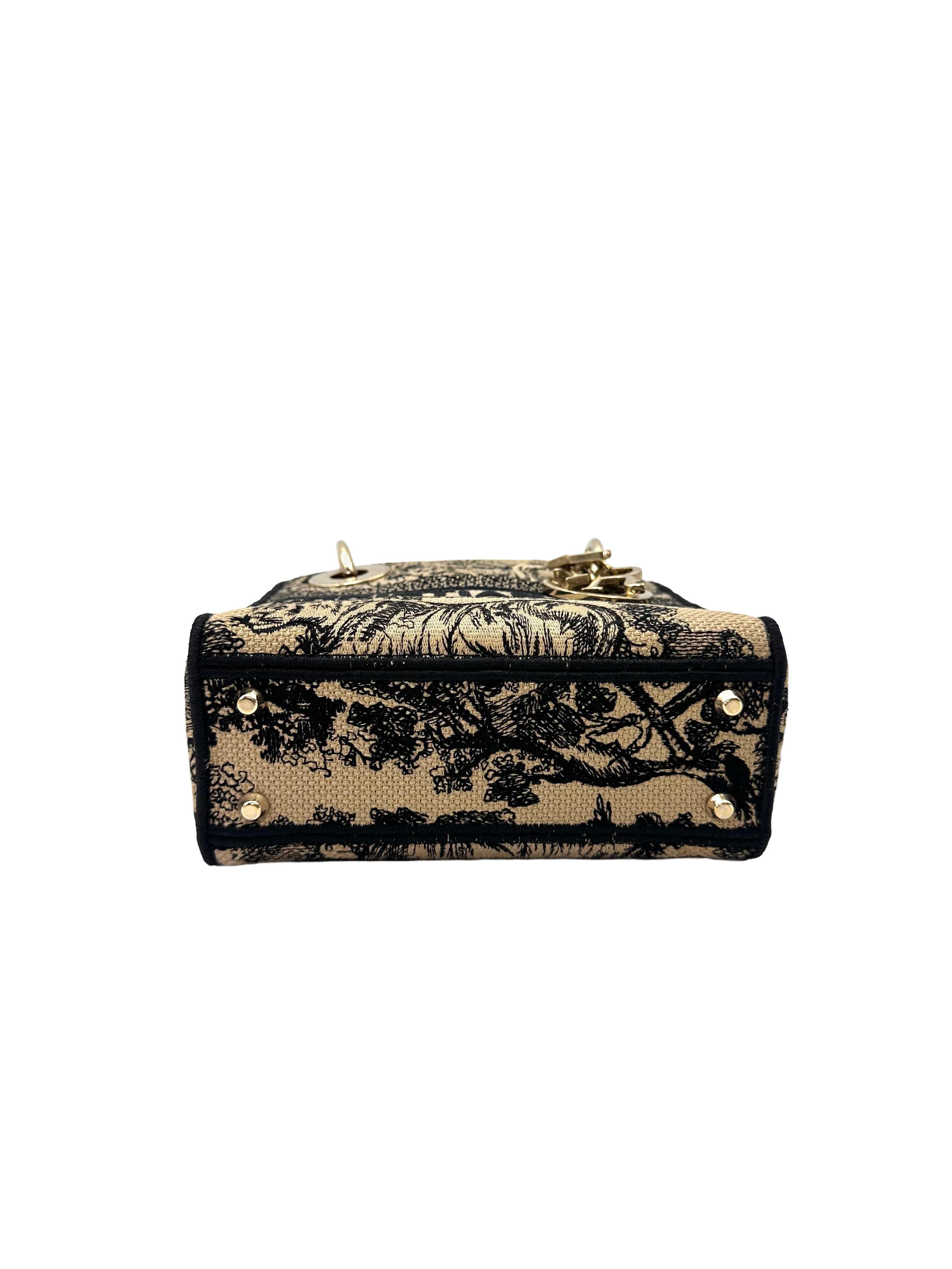 Christian Dior Lady Dior Black/Beige Tiger Embroidery Canvas Handle Bag DR871