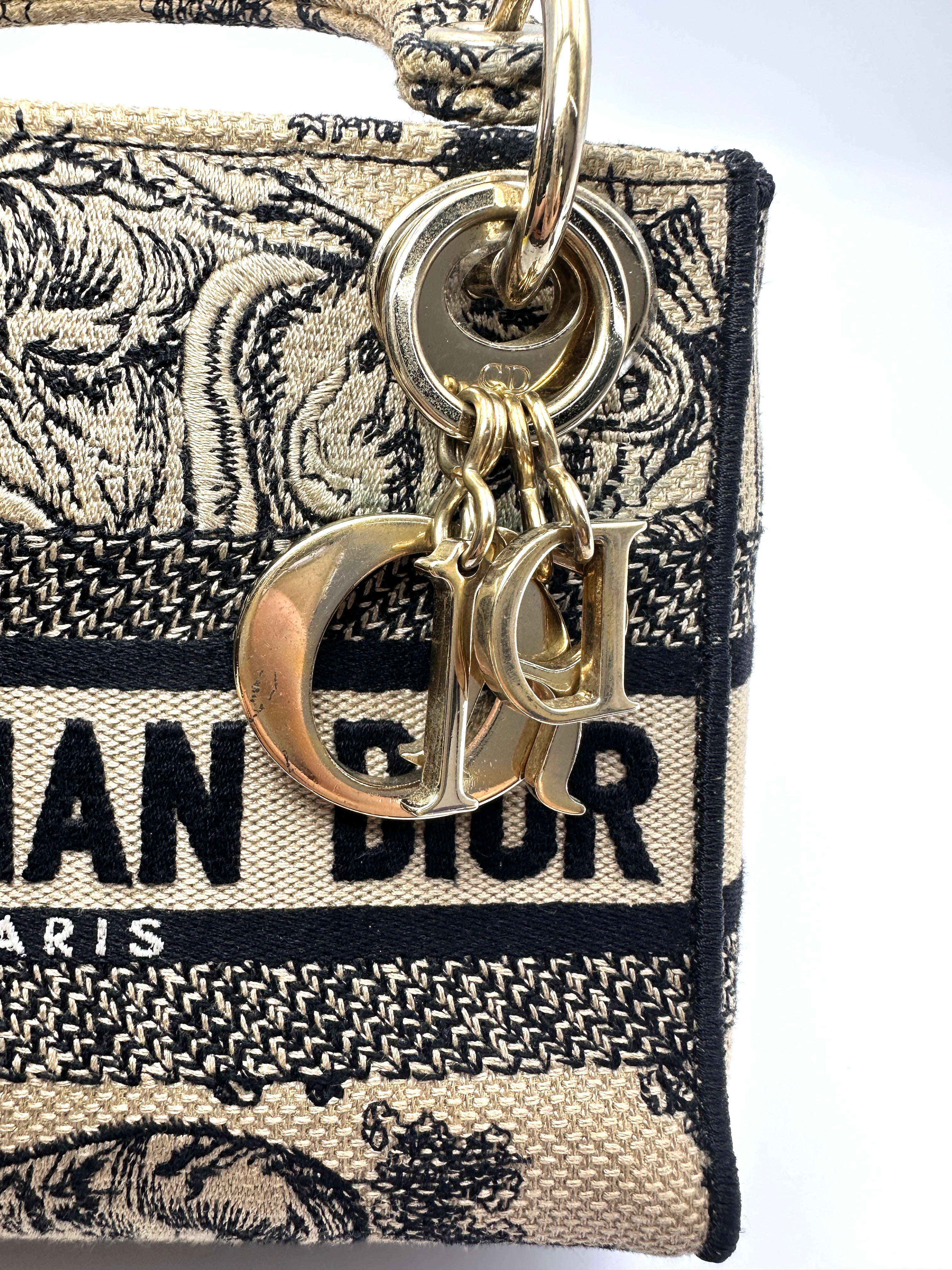Christian Dior Lady Dior Black/Beige Tiger Embroidery Canvas Handle Bag DR871
