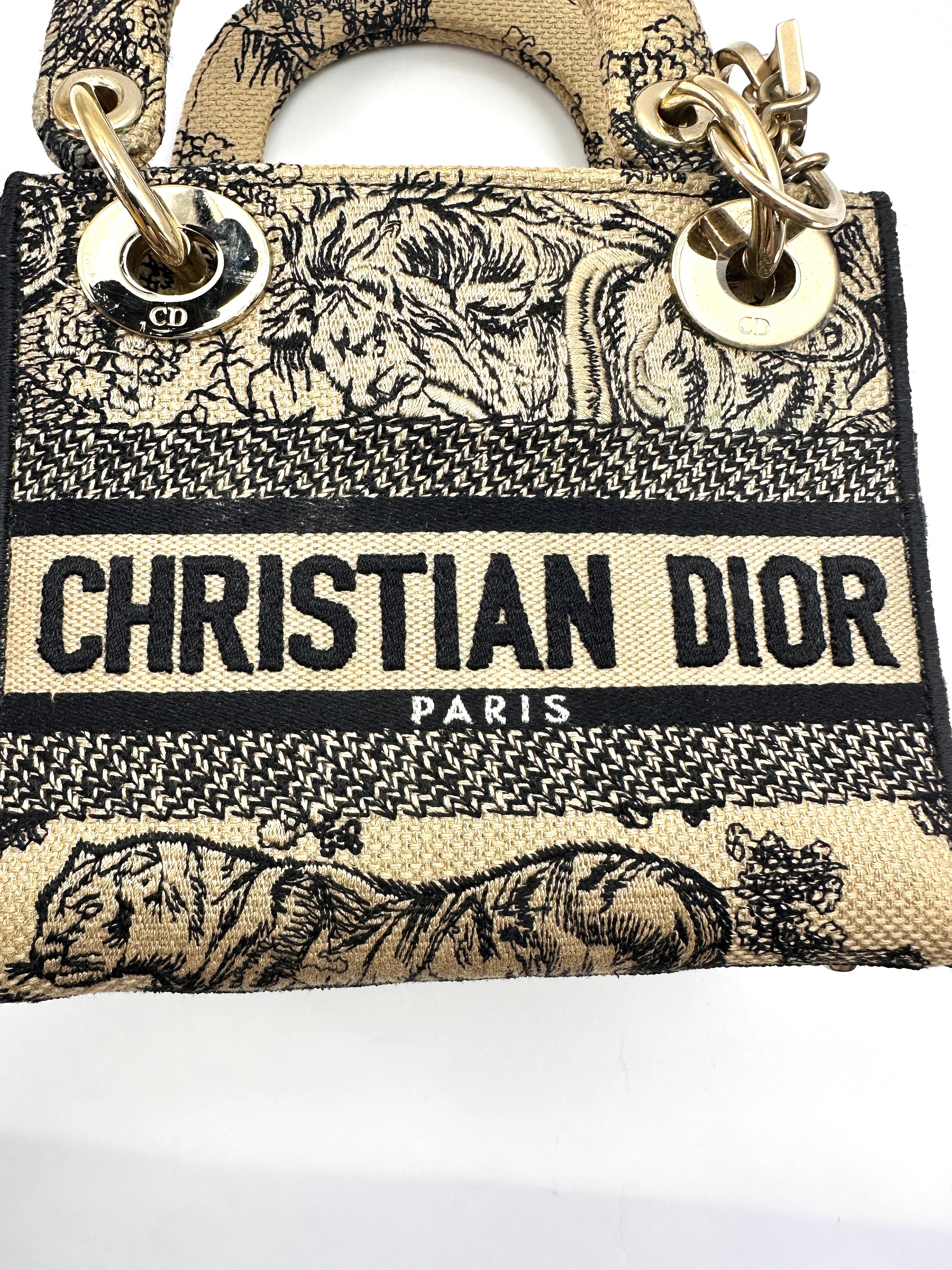 Christian Dior Lady Dior Black/Beige Tiger Embroidery Canvas Handle Bag DR871