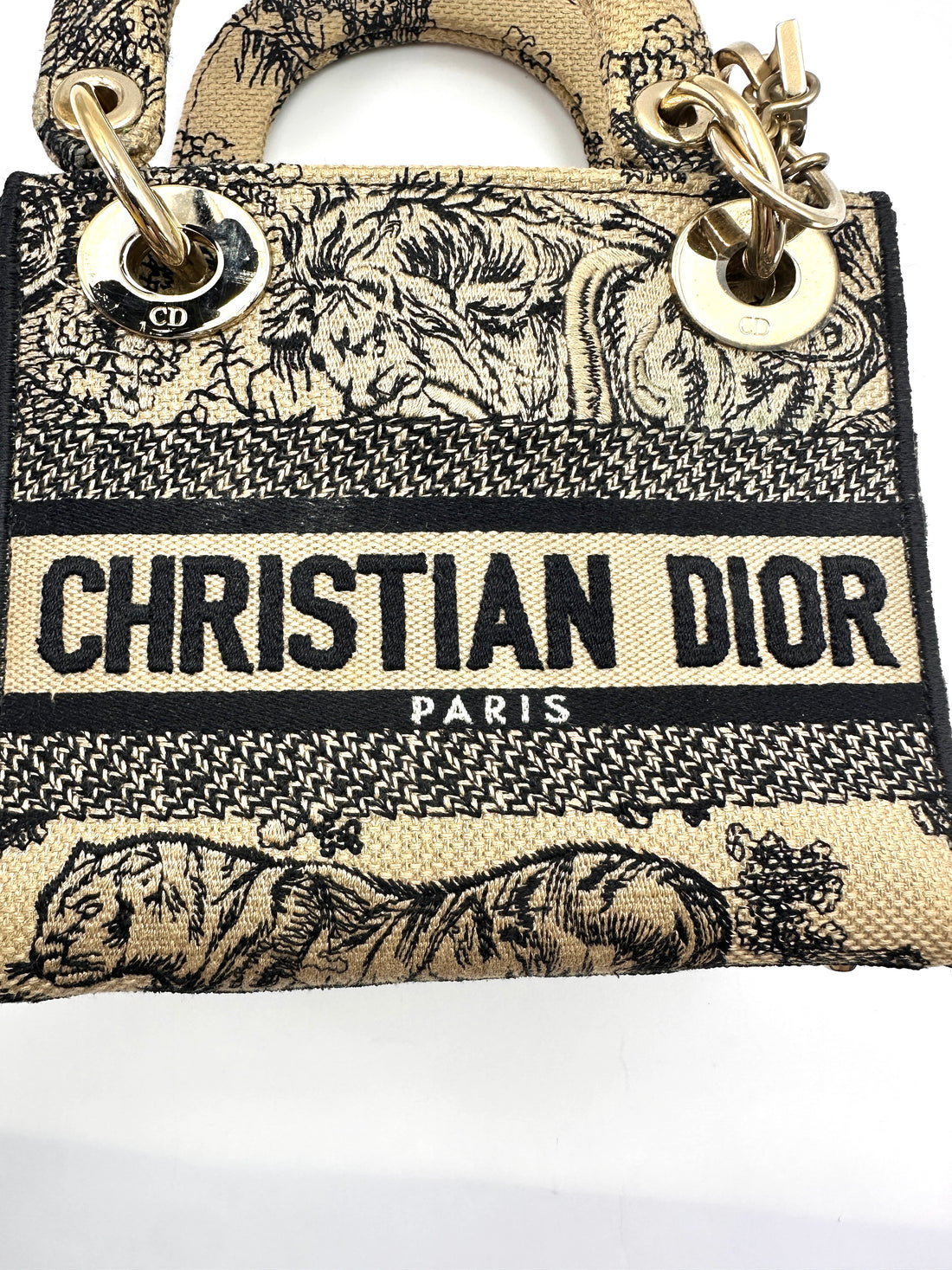 Christian Dior Lady Dior Black/Beige Tiger Embroidery Canvas Handle Bag DR871