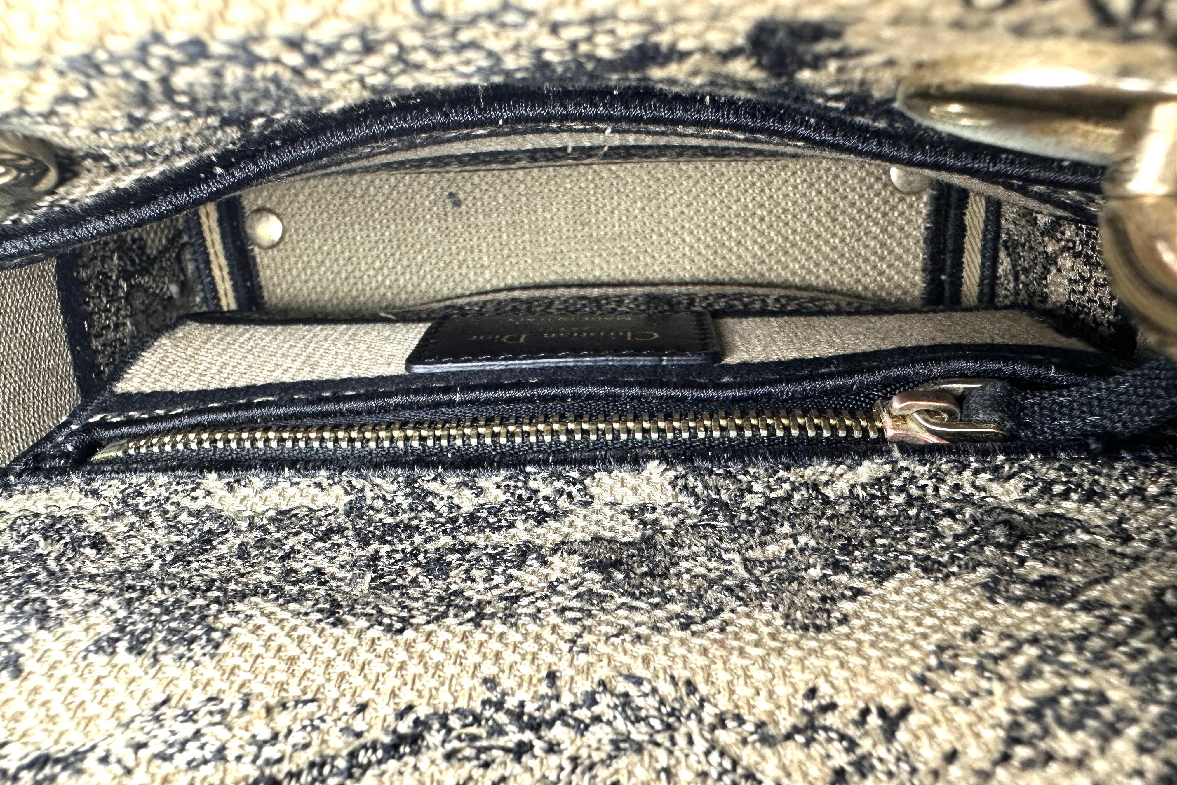 Christian Dior Lady Dior Black/Beige Tiger Embroidery Canvas Handle Bag DR871