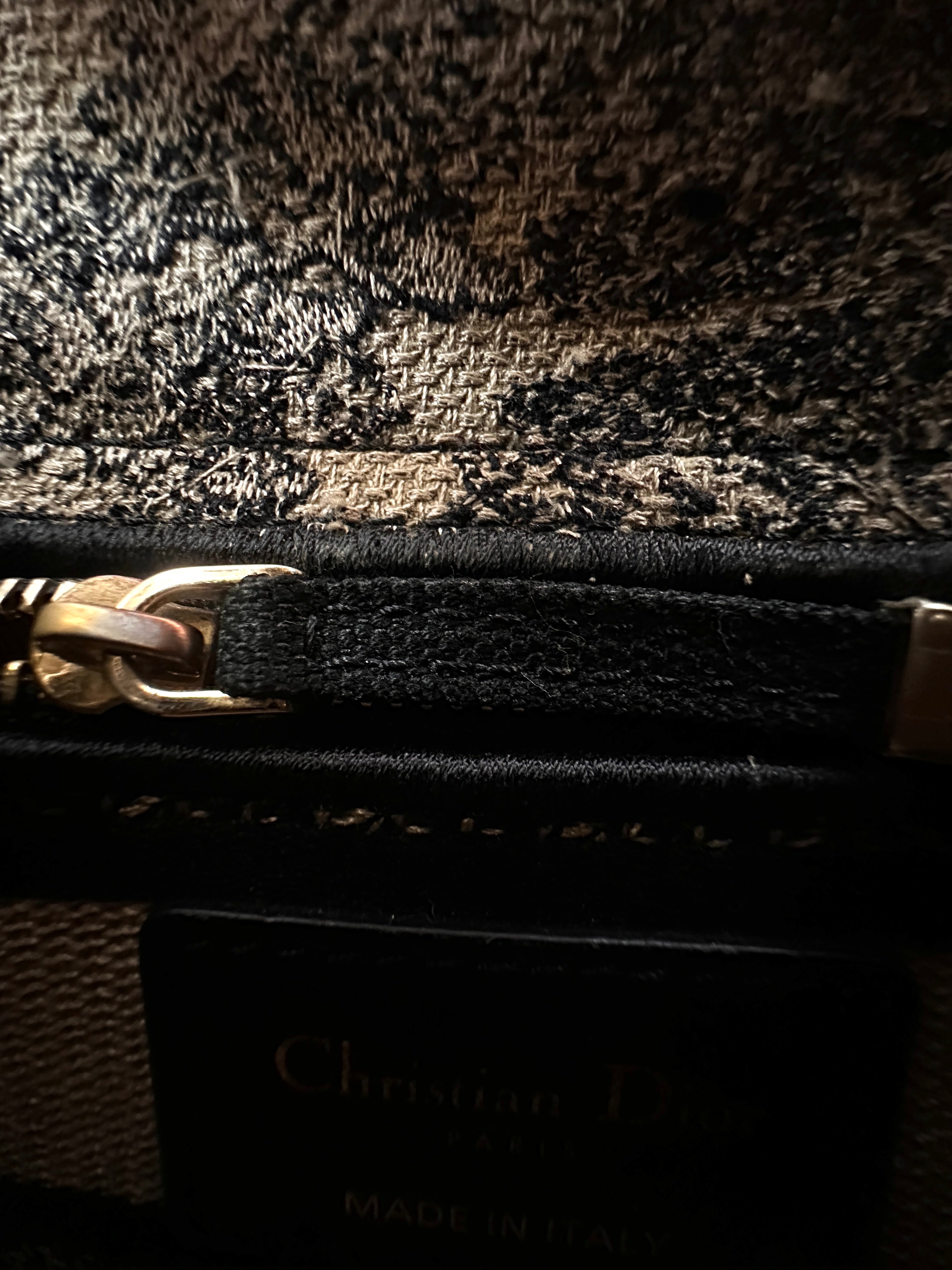 Christian Dior Lady Dior Black/Beige Tiger Embroidery Canvas Handle Bag DR871
