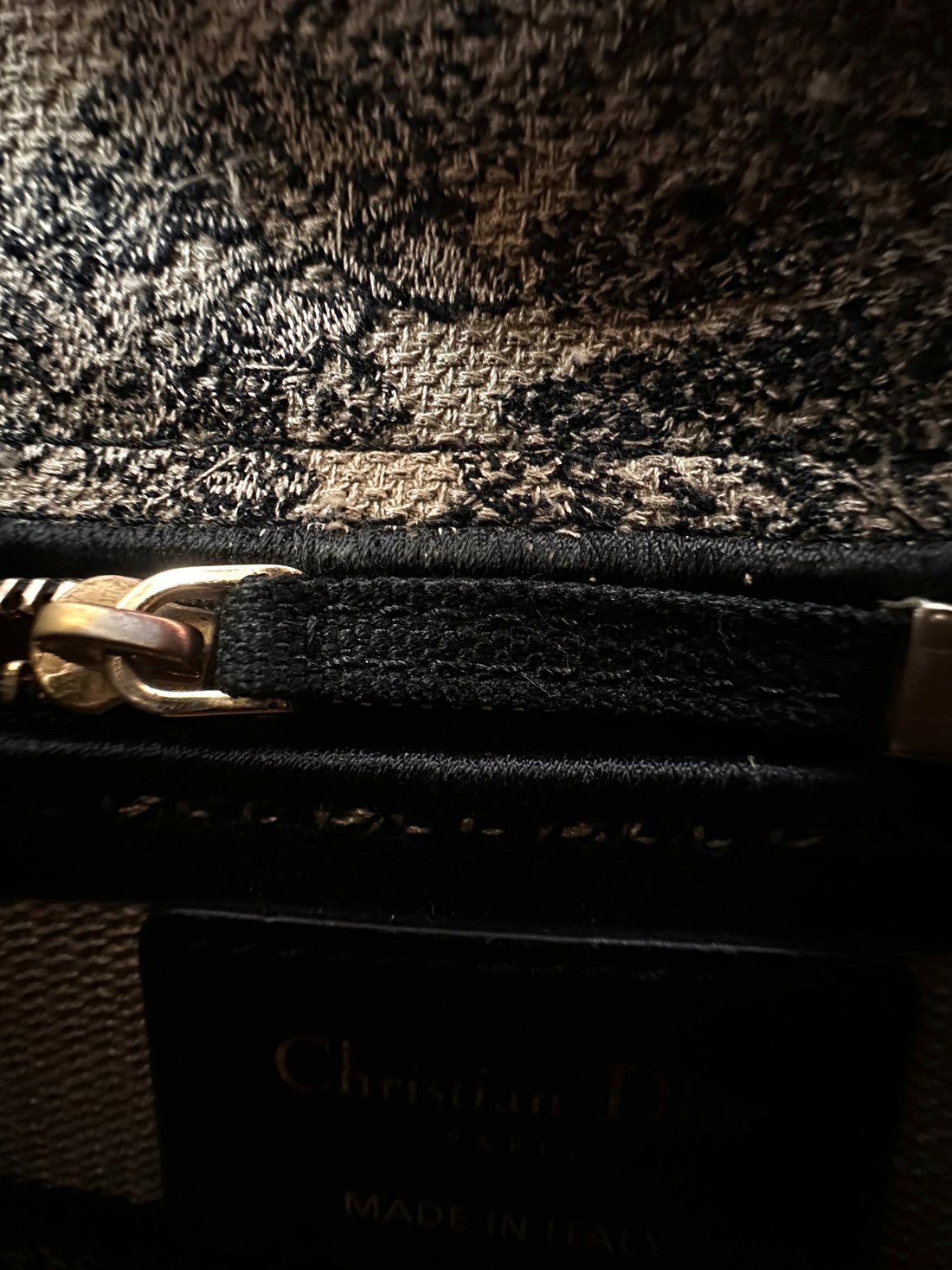 Christian Dior Lady Dior Black/Beige Tiger Embroidery Canvas Handle Bag DR871