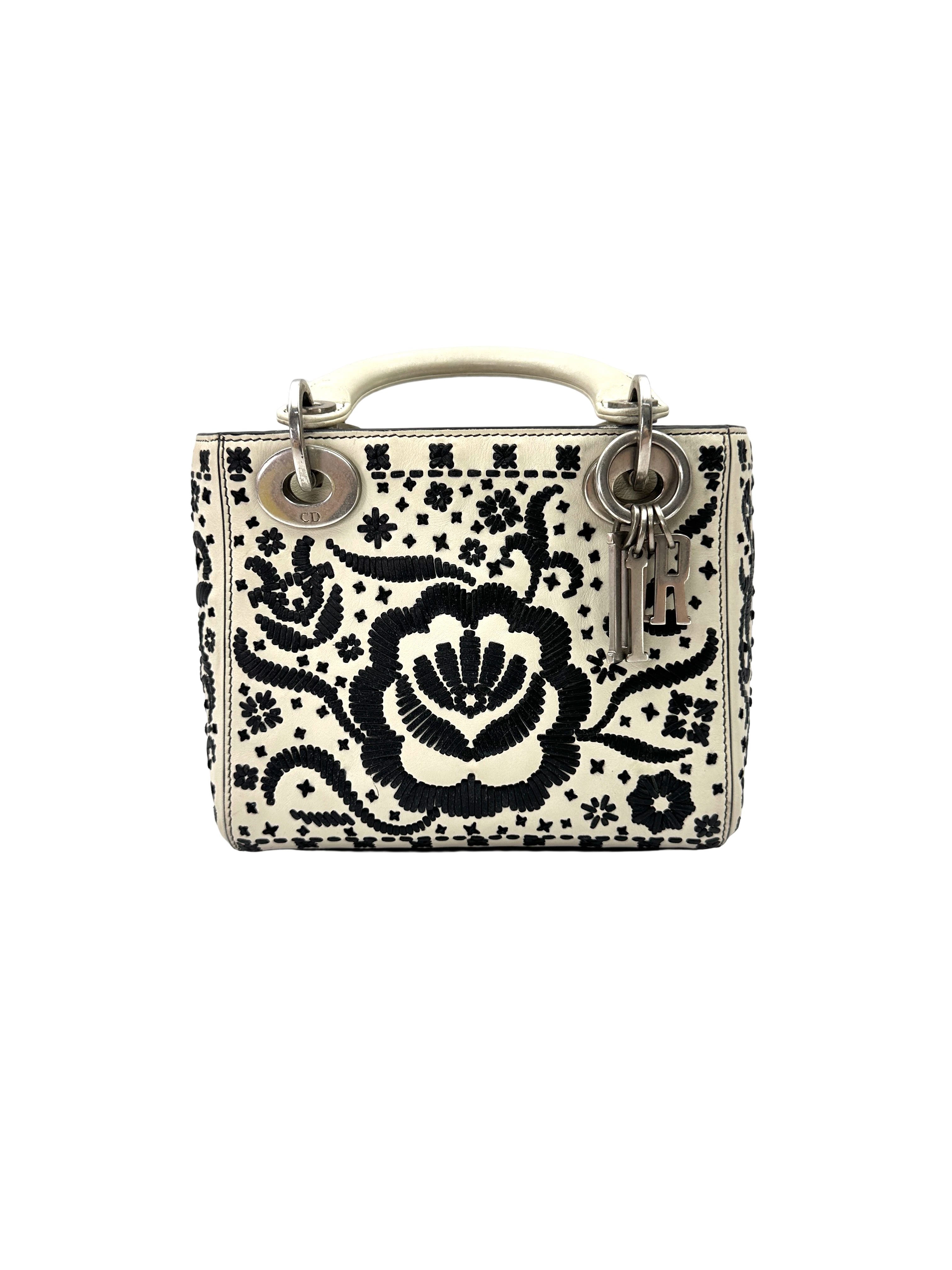 Christian Dior Lady Dior White/Black Embroidered Floral Leather Handle Bag DR870