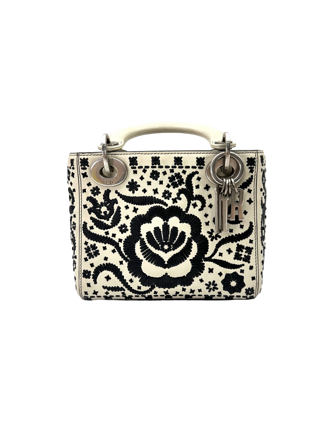 Christian Dior Lady Dior White/Black Embroidered Floral Leather Handle Bag DR870