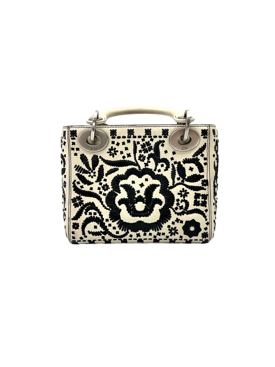 Christian Dior Lady Dior White/Black Embroidered Floral Leather Handle Bag DR870