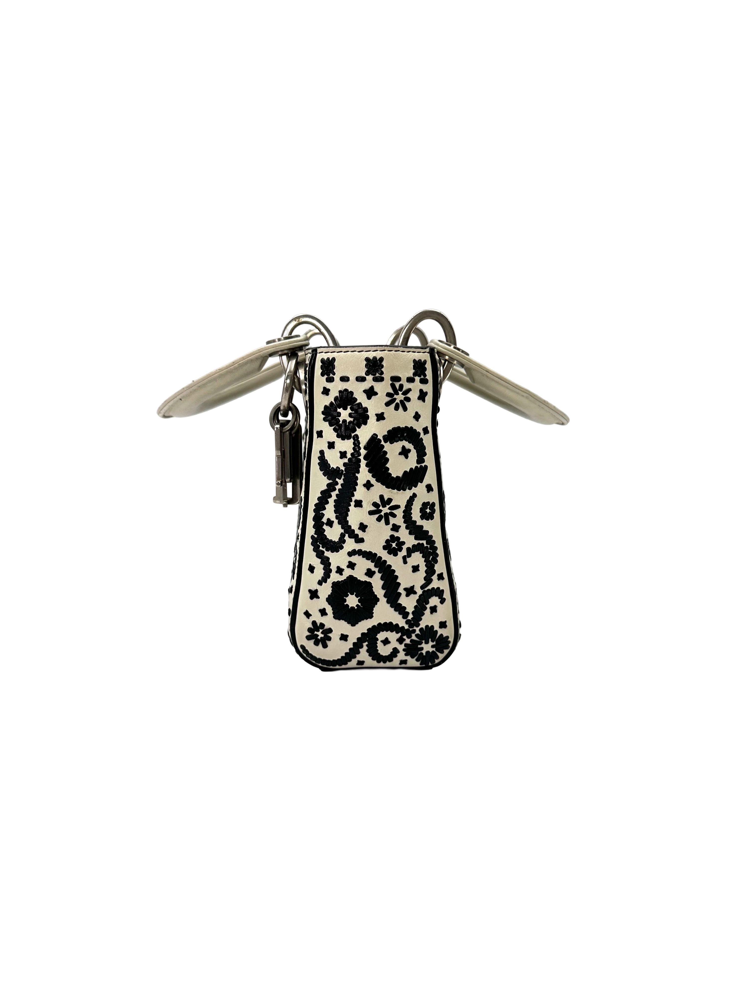Christian Dior Lady Dior White/Black Embroidered Floral Leather Handle Bag DR870
